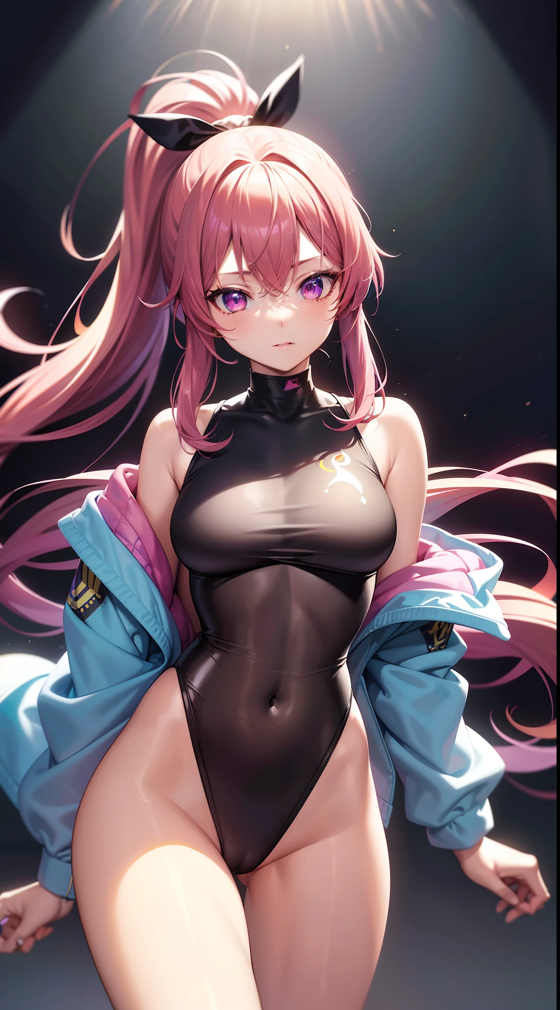 ((Masterpiece)), best quality, absurderes, ultra detailed, holographic, cowboy shot, golden ratio, super cute girl, mature girl, idol girl, super beautiful asian girl with very beautiful violet glowing eyes, beautiful glowing brown multicolored hair, high ponytail, nice and sexy body, slim body, perfect body, wearing a super tight anime printed leotard, an anime printed super tight off shoulder long sleeve crop top, a super aesthetic transparent mini jacket, beautiful hair ornament, pink jordan tennis, playing with her handsome otaku skinny boyfriend, with black messy glowing hair, in the arcade games, camel toe, sexy, semi transparent, fishnets