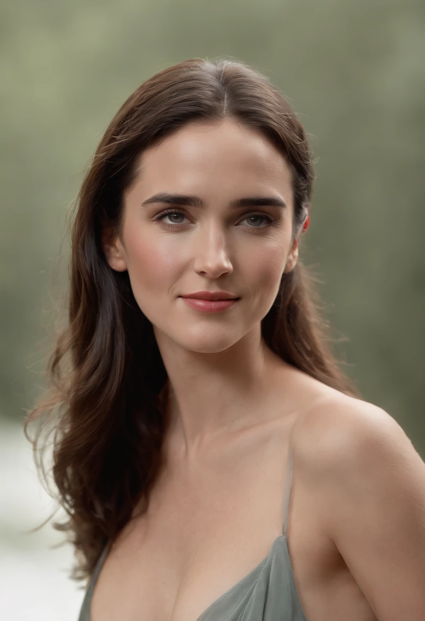 Jennifer Connelly, 18 years old, ((naked)) , side view. big cheeks, ((big breasts)), adolescent face, smiling, full body, head visible, pulled back hair, flowing hair, hair straightener, 80s hair style, color light 5000K
