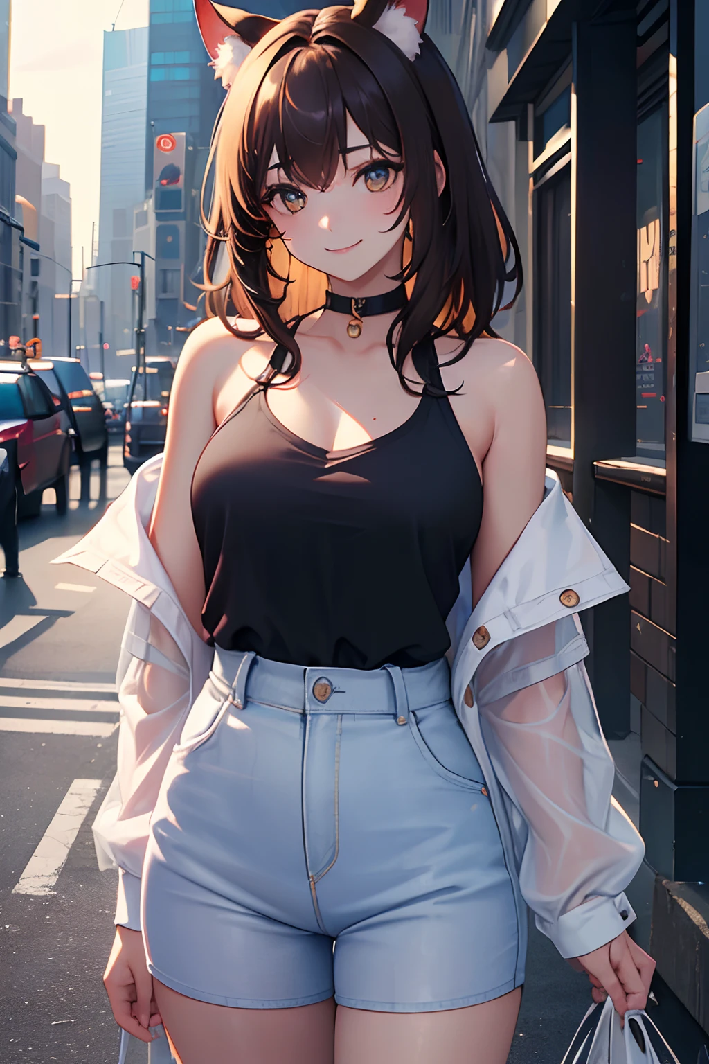 ((Masterpiece)), (High Definition:1.3), (Professional Photography:1.2), best quality, 8K, Textured skin, cinematic lighting, 1girl, wide-shot, (Cute innocent teenage girl), slendar body, very messy medium hair, Wearing hiphop-style oversized shirt, (exposed shoulder), smile, cat ears, pale brown hair, (cute standing on the newyork street)
