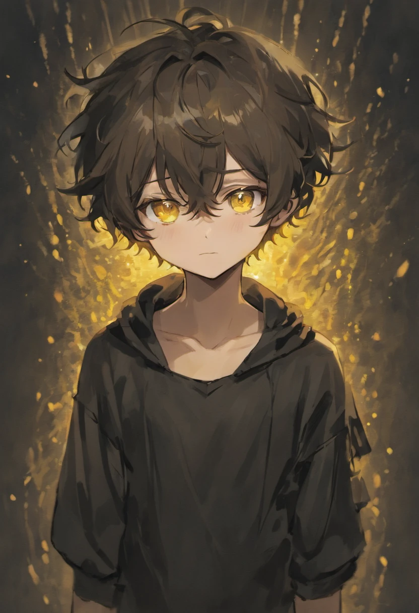 anime boy character sheet. Boy with curly hair, shoulder length hair, yellow eyes, black shirt, black ruffle bloomers