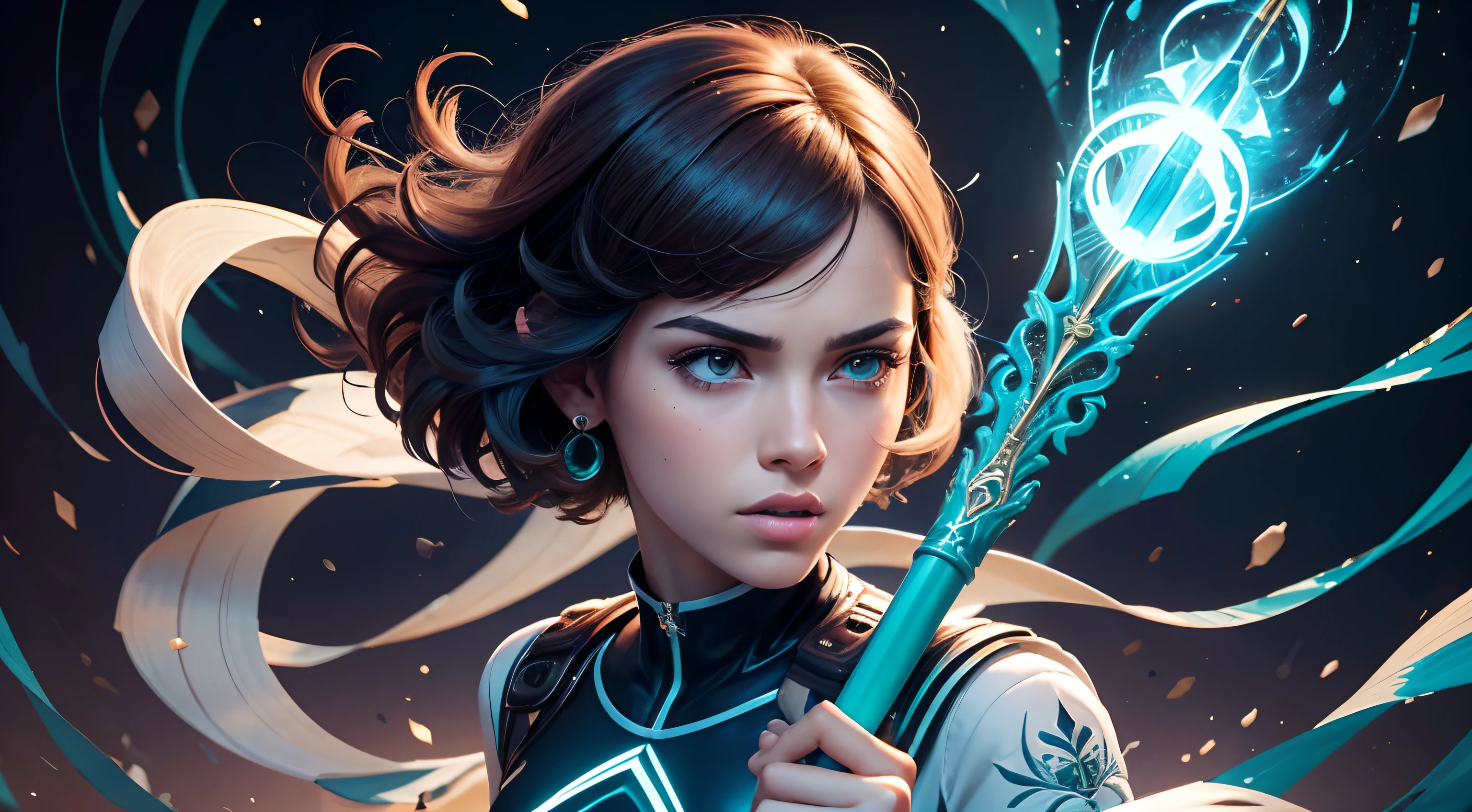 Gwen Tennyson,ben 10,alta resolução,ultra-detalhado,Retratos,illustration,belos olhos detalhados,beautiful detailed lips,Cabelo Moreno,Sardas,fierce expression, forte,adolescente,estilo aventura,roupas casuais,holding magic staff,tiro de corpo inteiro,cores suaves,