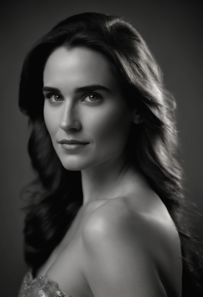 Jennifer Connelly, 18 years old, ((naked)) , side view. big cheeks, ((big breasts)), adolescent face, smiling, full body, head visible, pulled back hair, flowing hair, hair straightener, 80s hair style, color light 5000K