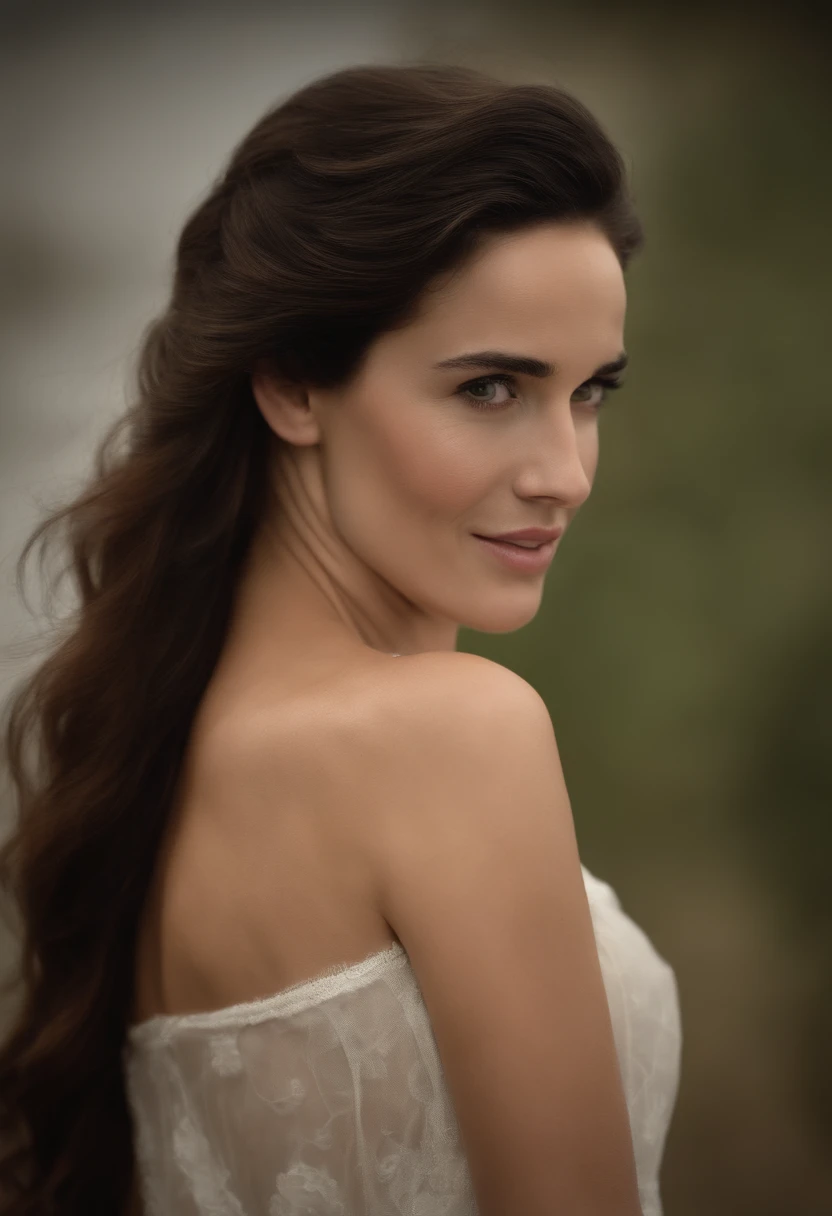 Jennifer Connelly, 18 years old, ((naked)) , side view. big cheeks, ((big breasts)), adolescent face, smiling, full body, head visible, pulled back hair, flowing hair, hair straightener, 80s hair style, color light 5000K