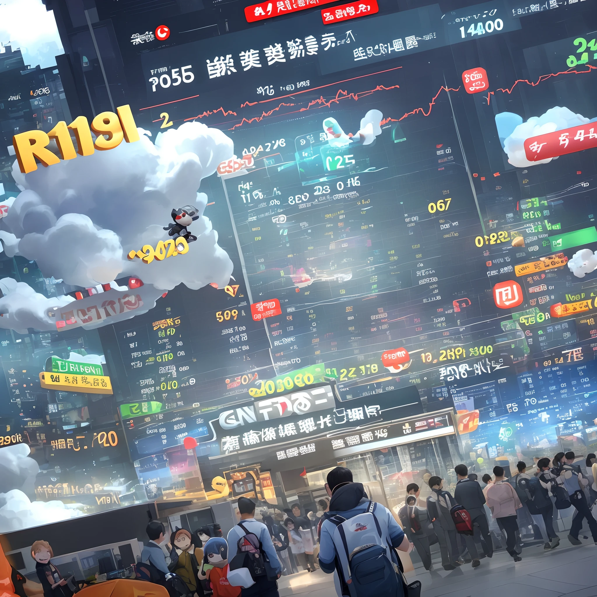 It depicts a scene where stock prices are surging rapidly. In this image, include a cute character who is being targeted by someone named Tonpin. Additionally, portray the rapid increase in short selling and the accumulation of its effects.