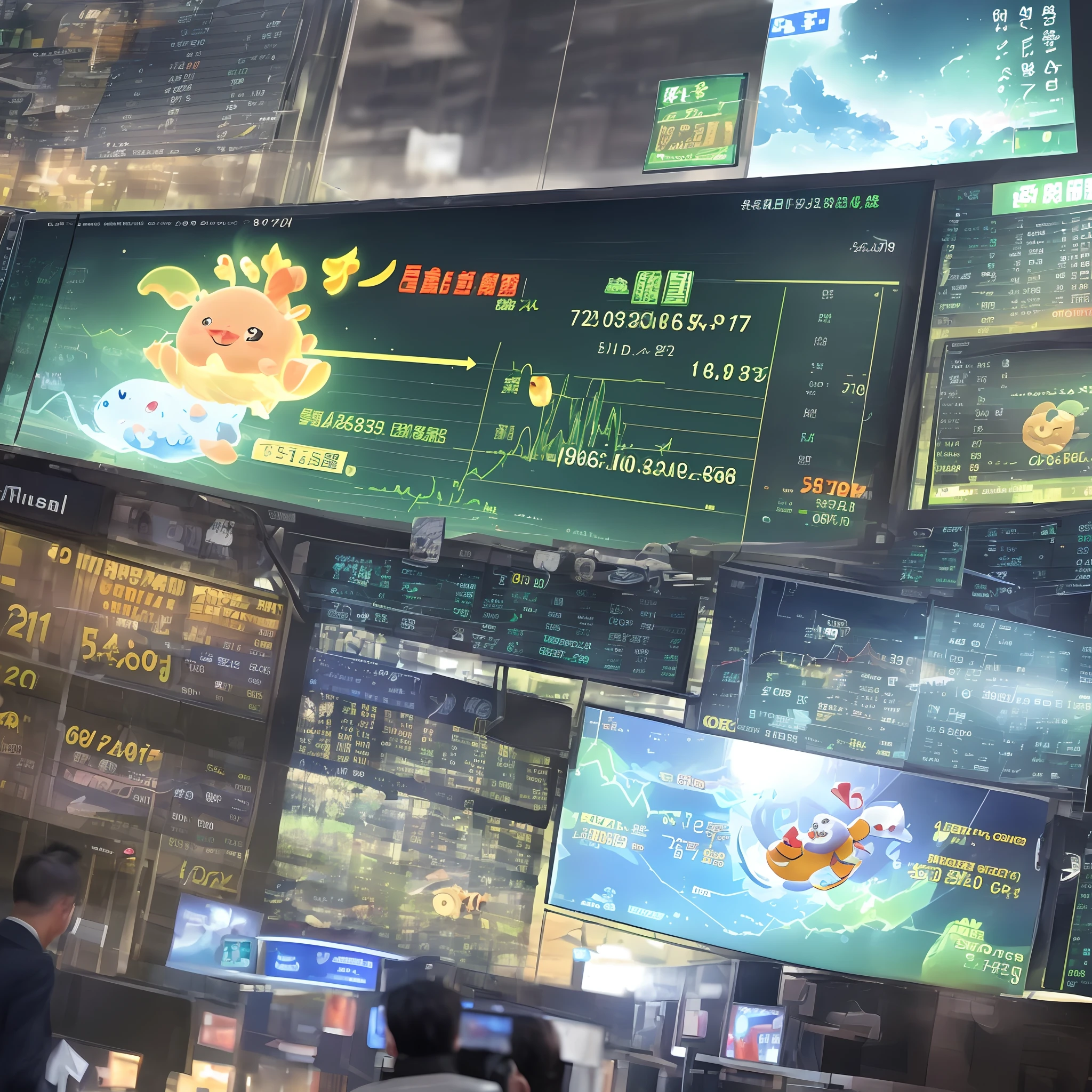 It depicts a scene where stock prices are surging rapidly. In this image, include a cute character who is being targeted by someone named Tonpin. Additionally, portray the rapid increase in short selling and the accumulation of its effects.