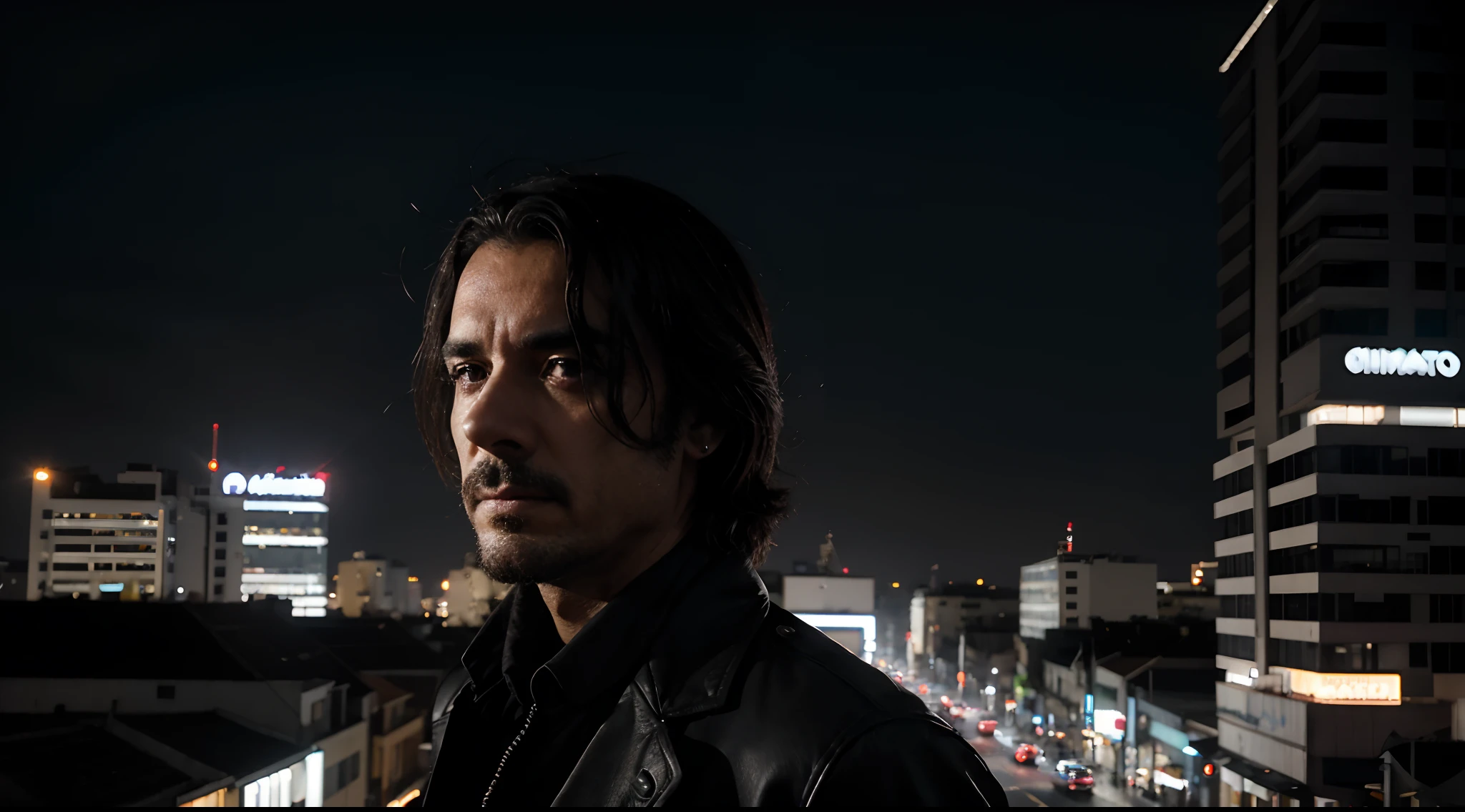 efeito de arte conceitual, ruas do centro, A Difficult Detective, um homem com 40 anos, cabelo preto curto, em frente a um hotel, Looking at the top of the building, atmosfera noir, Fundo da cidade encharcado pela chuva, at night, dramatic lighting, Sombras Stark, humor intenso, 2023