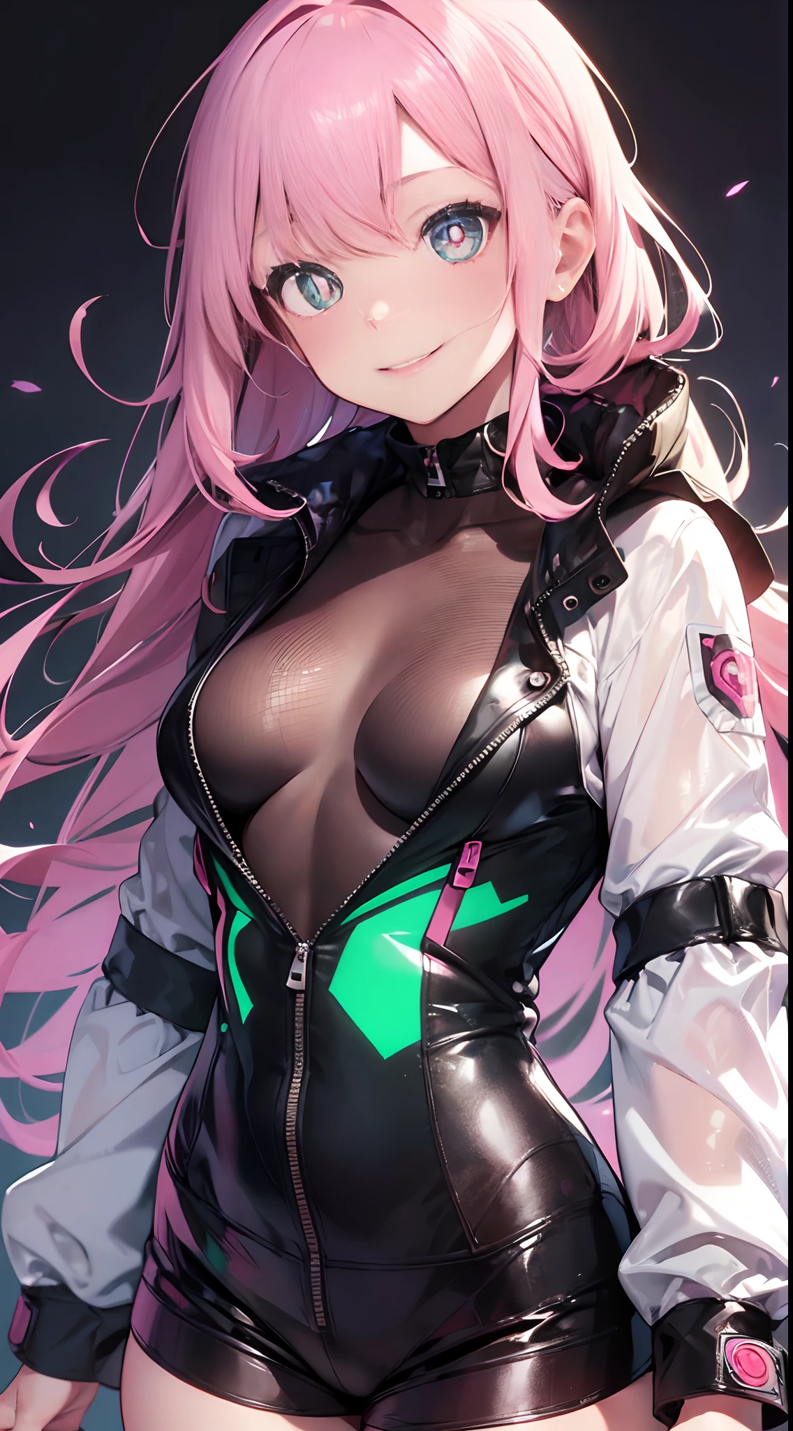 (masterpiece))), (ultra-detailed, top quality, high resolution, 8k wallpapers, beautiful clothes,)), whole body (one girl) (pink hair, long hair, straight hair, both sides up)) (green eyes)), eyeshadow, eyeliner, glowing eyes, ultra-detailed eyes, complex eyes, beautiful eyes, (glowing pink pupils)) 18-year-old girl. Wearing a transparent jacket made of PVC material. Smiling face. Small breasts (black background) cute pose