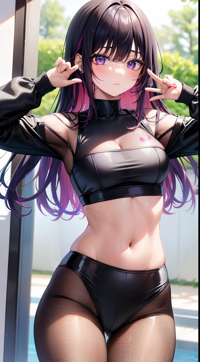 ((master part)), best quality, absurdos, ultra detalhado, Holographic, cowboy shot, proportion Aurea, super fofa, meninaa, Idol girl, Super beautiful asian girl with very cute violet bright eyes, Cabelo marrom brilhante multicolorido bonito, rabo de cavalo alto, nice and sexy body, corpo magro, Corpo Perfeito, usando uma malha super apertada estampada de anime, um anime estampado super apertado fora ombro manga comprida crop top, a super aesthetic mini transparent jacket, ornamento de cabelo bonito, Pink Jordan Sneakers, brincando com seu belo namorado magro otaku, with shiny messy black hair, nos jogos de arcade, Camelo, sexy, semi transparente, Fishnets