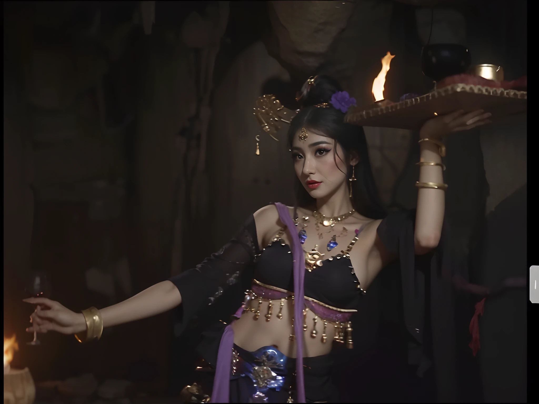A Chinese succubus in a belly dance costume holds a plate of wine jug in a cave, Naked all over the body, Big chest,very long fingernails,Facial Fascination,The hair twisted upwards on his cheeks,Lure men into sex and eat them,Li Tang hairstyle,heavy makeups,Feminine and charming,, 《Journey》The scene unfolds beneath a , she is dressed as a belly dancer, fantasy movie still, Underworld dancer, the sorceress casting a fireball