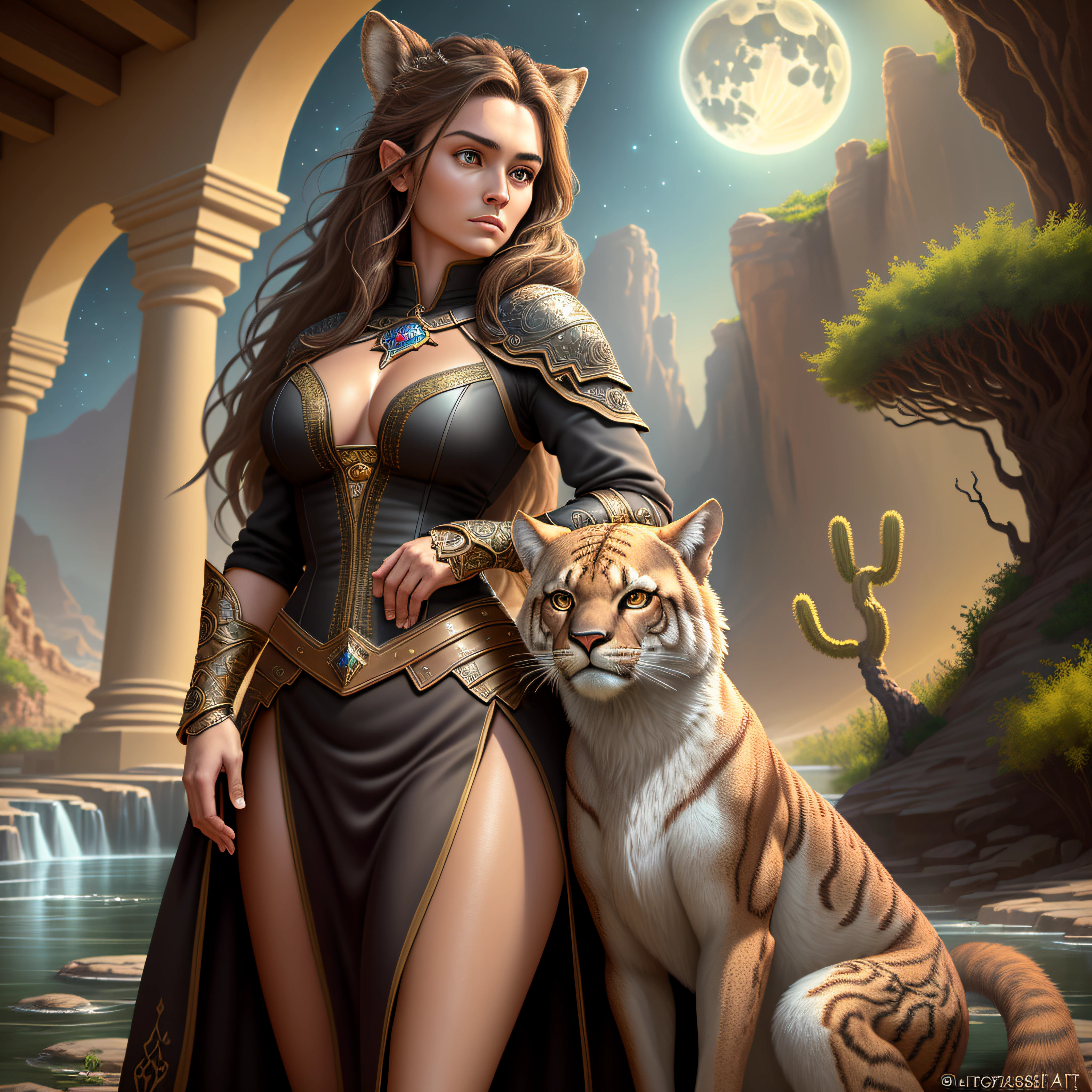 high details, best quality, 8k, [ultra detailed], masterpiece, best quality, (extremely detailed), dynamic angle, ultra wide shot, RAW, photorealistic, fantasy art, dnd art, rpg art, realistic art, a wide angle picture of a female human druid and her pet cougar, priest of nature, cleric of nature, full body, [[anatomically correct]]. dynamic position (1.5 intricate details, Masterpiece, best quality) talking to a desert cougar (1.6 intricate details, Masterpiece, best quality) in desert (1.5 intricate details, Masterpiece, best quality), a female  wearing leather clothes (1.4 intricate details, Masterpiece, best quality), leather boots, thick hair, long hair, brown hair, tan skin intense brown eyes, desert background (intense details), a stream flowing in an oasis (1.4 intricate details, Masterpiece, best quality), night, moon light, stars (1.4 intricate details, Masterpiece, best quality), dynamic angle, (1.4 intricate details, Masterpiece, best quality) 3D rendering, high details, best quality, highres, ultra wide angle, hdr, best quality, masterpiece, (photorealistic:1.4), ultra high resolution