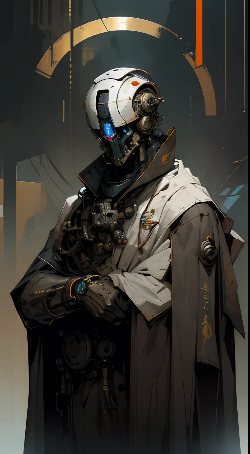 robot, cyborg,((The face is humanoid)),Shiny metal skin,Mechanical body parts,Mechanical gears and gears, (devoid of mouth), [Meticulous, Surgical precision],Cyberpunk style background,Science fiction art style,Vibrant colors,High-res,Ultra-detailed,Realistic lighting effects,Bokeh, wearing white robes and cloak, divine pose, two bright eyes, in the style of an Exo from Destiny,