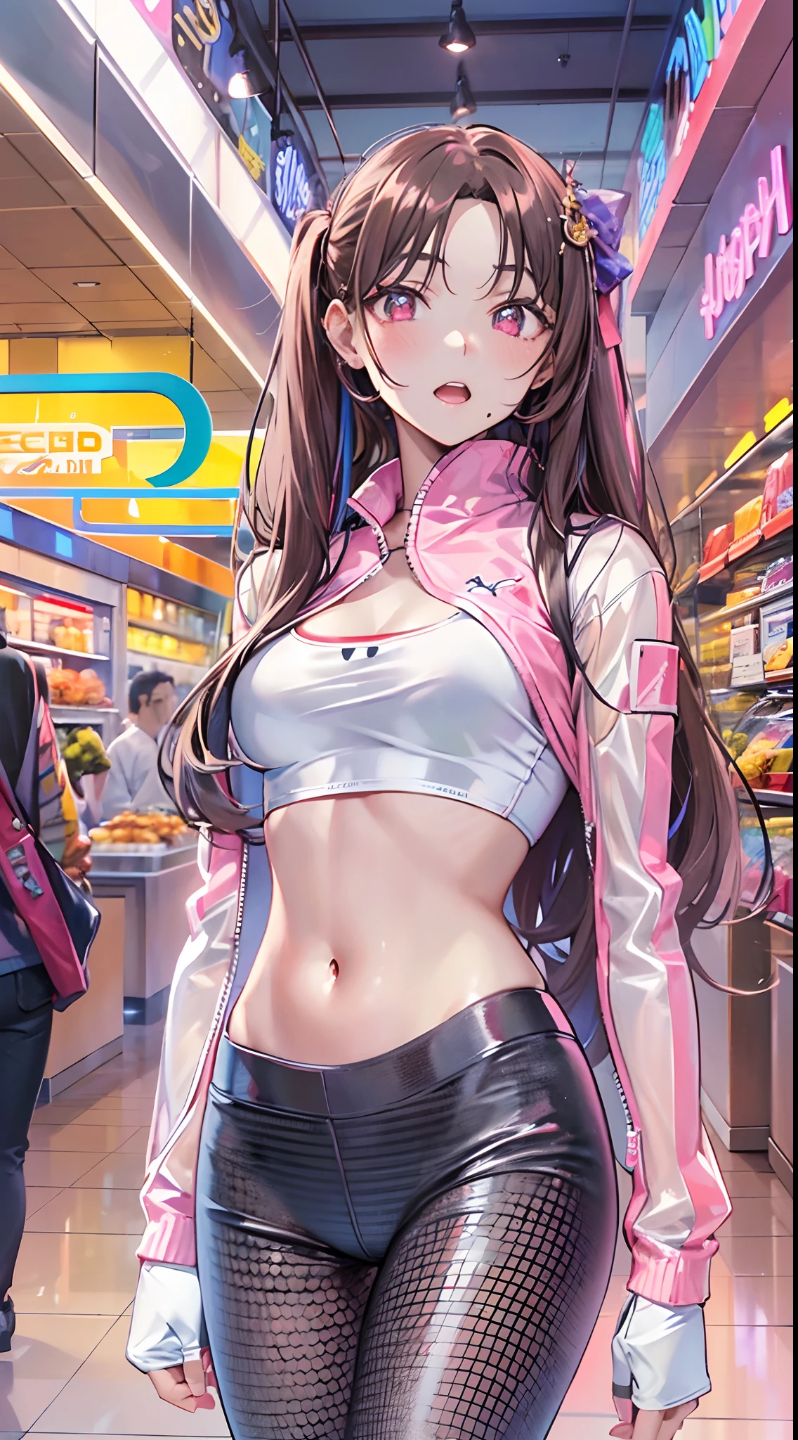 ((Masterpiece)), best quality, absurderes, ultra detailed, holographic, cowboy shot, golden ratio, super cute girl, mature girl, idol girl, super beautiful asian girl with very beautiful violet glowing eyes, beautiful glowing brown multicolored hair, high ponytail, nice and sexy body, slim body, perfect body, wearing a super tight anime printed leotard, an anime printed super tight off shoulder long sleeve crop top, a super aesthetic transparent mini jacket, beautiful hair ornament, pink jordan tennis, being photographed in a mall shop with her handsome skinny boyfriend, with black messy black glowing hair, and super casual clothing
