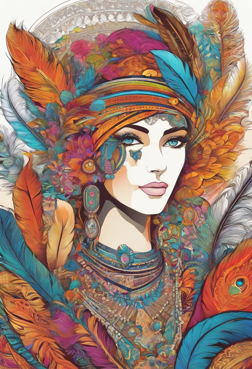 (official art, beautiful and aesthetic:1.2), (1girl:1.3),(fractal art:1.1),(colorful:1.1)(flowers:1.3),highest detailed,(zentangle:1.2), full body, (abstract background:1.3), (shiny skin), (many colors:1.4), ,(earrings), (feathers:1.5),