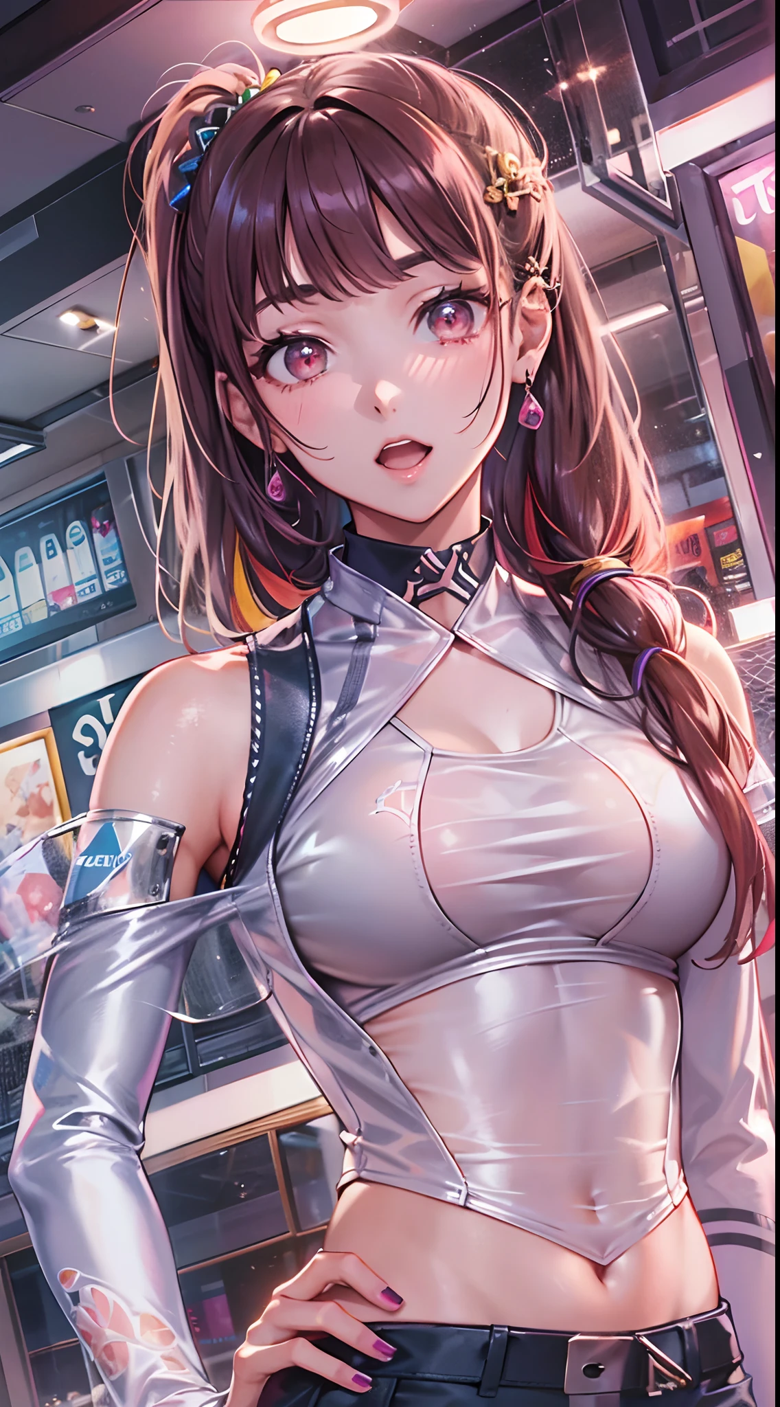 ((Masterpiece)), best quality, absurderes, ultra detailed, holographic, cowboy shot, golden ratio, super cute girl, mature girl, idol girl, super beautiful asian girl with very beautiful violet glowing eyes, beautiful glowing brown multicolored hair, high ponytail, nice and sexy body, slim body, perfect body, wearing a super tight anime printed leotard, an anime printed super tight off shoulder long sleeve crop top, a super aesthetic transparent mini jacket, beautiful hair ornament, pink jordan tennis, being photographed in a mall shop with her handsome skinny boyfriend, with black messy black glowing hair, and super casual clothing