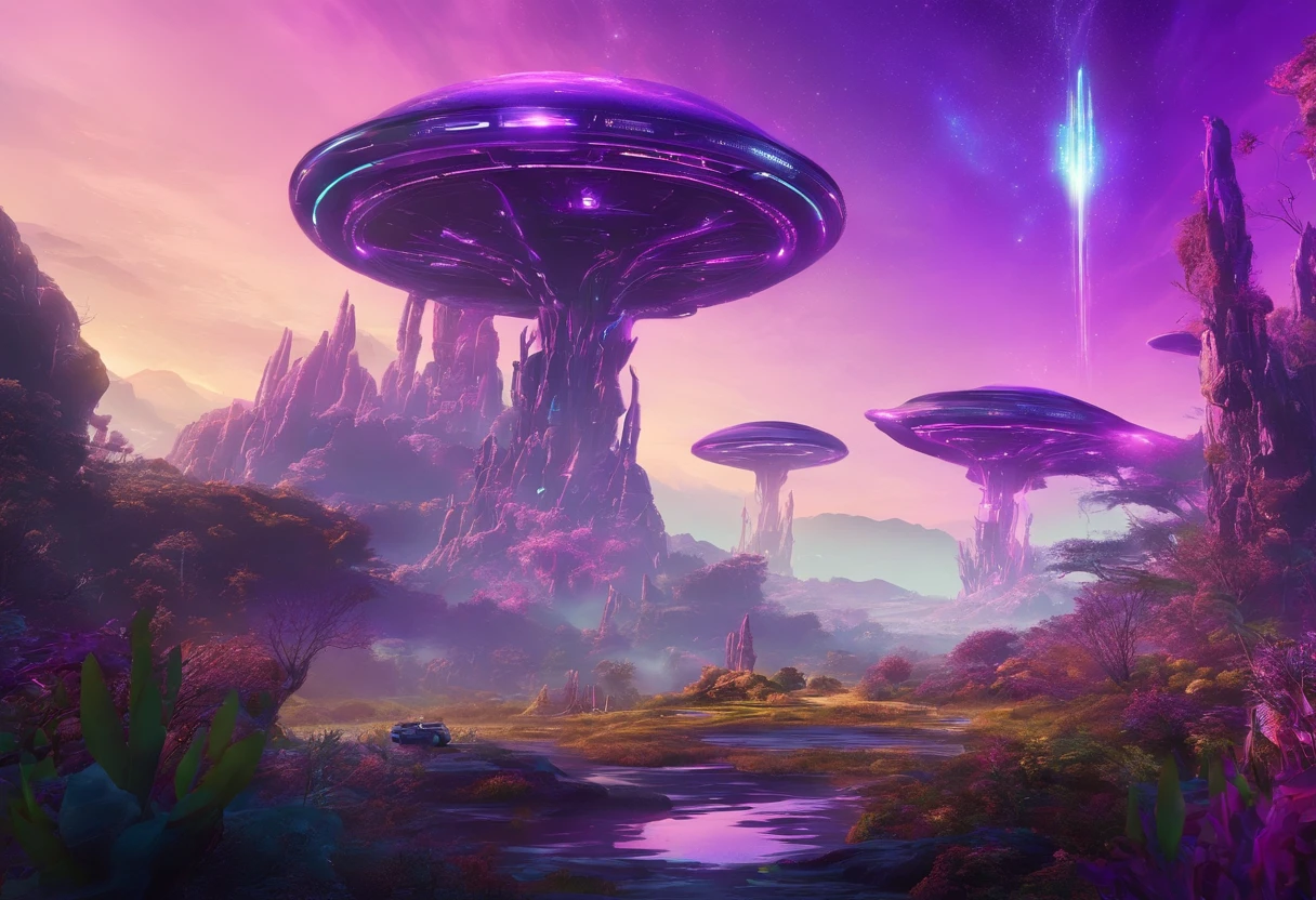 Animais alienigena, alien vegetation, sol roxo, luz violeta