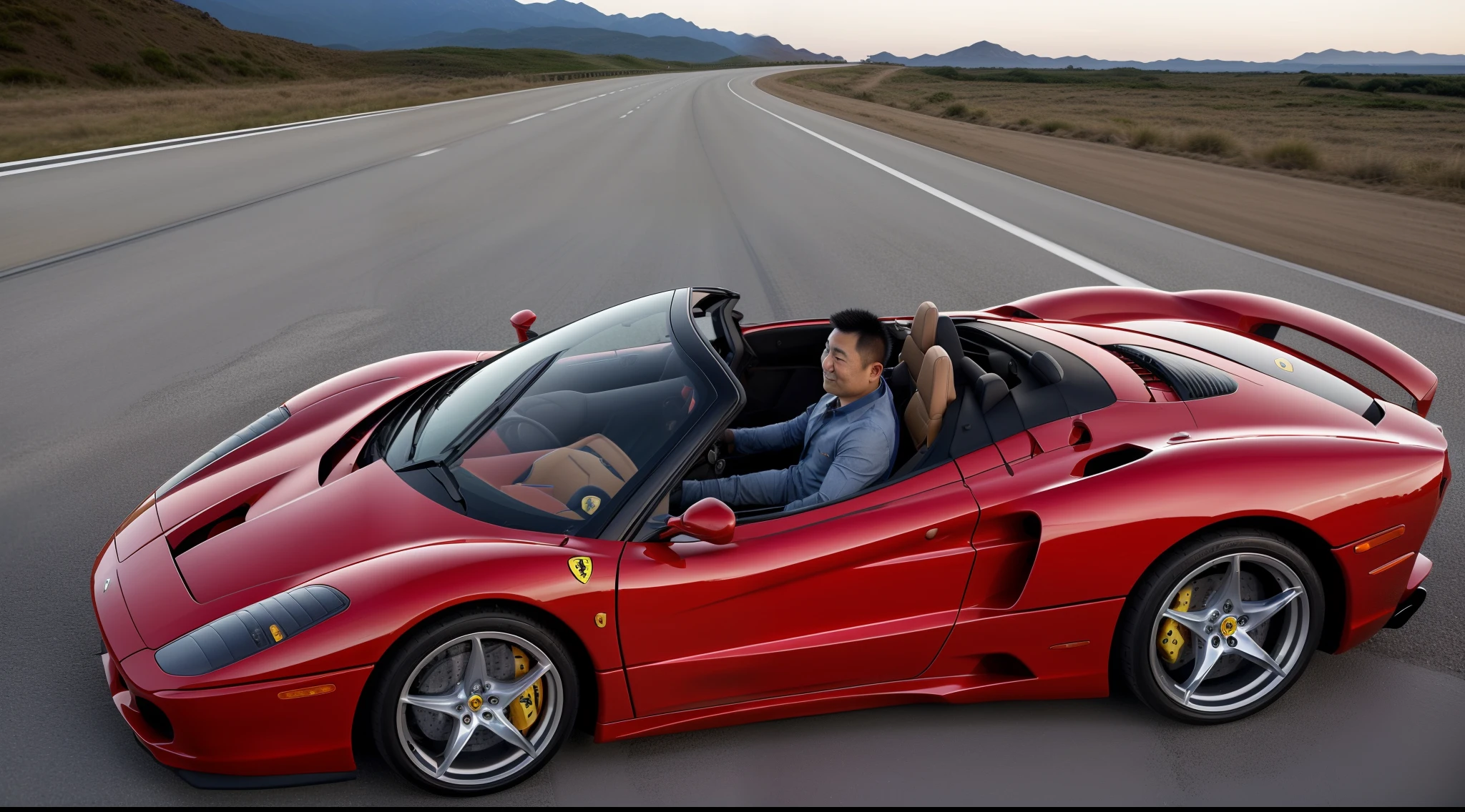 obra prima, An Asian man, cabelo curto e baixo, getting inside a Ferrari F50 convertible on a U.S. highway, olhando para o telespectador, 8k, cinematiclight, Foto realistat
