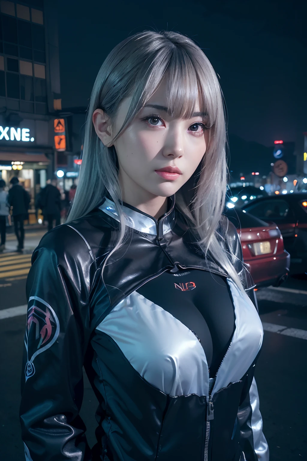 ((masutepiece)), ((Best Quality)), (Ultra-detailed), ((Extremely detailed)), 4K, (8K), Best Quality, (Beautiful), Gradation, One Woman,robot suit,Neon suit,Cute face,Big eyes,Cool Face,bobhair,Beautiful silver hair,Looking at Viewer,plein air,Night,Ruins,Neon Town,Neon light,masutepiece, extremely fine and beautiful,Photorealistic,Japanese,fullllbody