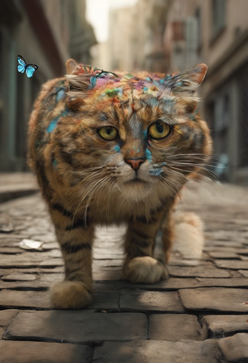 Create a Cat named Felpudo in a diatopian world where animals are genetically modified to have special abilities. It can be of any style of Art. Felpudo has butterfly wings and can fly and camouflage himself. He lives in a polluted and overpopulated city in Brazil, where humans exploit animals for commercial and military purposes. He is part of a resistance that fights for animal freedom. The art style is surrealist, with vibrant colors and geometric shapes.”