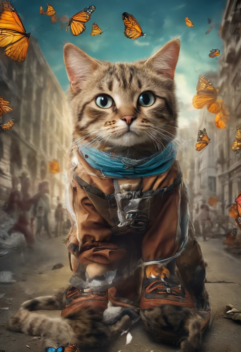 Create a Cat named Felpudo in a diatopian world where animals are genetically modified to have special abilities. It can be of any style of Art. Felpudo has butterfly wings and can fly and camouflage himself. He lives in a polluted and overpopulated city in Brazil, where humans exploit animals for commercial and military purposes. He is part of a resistance that fights for animal freedom. The art style is surrealist, with vibrant colors and geometric shapes.”