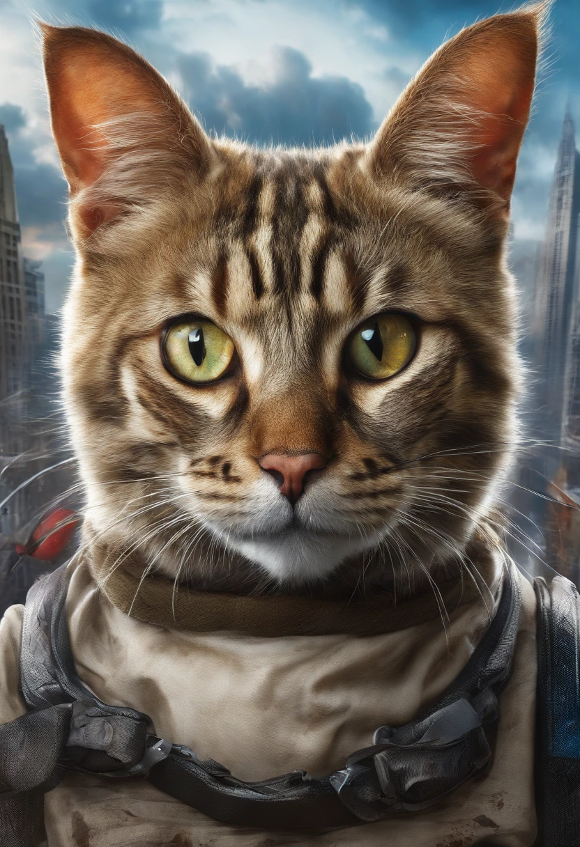 Create a Cat named Felpudo in a diatopian world where animals are genetically modified to have special abilities. It can be of any style of Art. Felpudo has butterfly wings and can fly and camouflage himself. He lives in a polluted and overpopulated city in Brazil, where humans exploit animals for commercial and military purposes. He is part of a resistance that fights for animal freedom. The art style is surrealist, with vibrant colors and geometric shapes.”