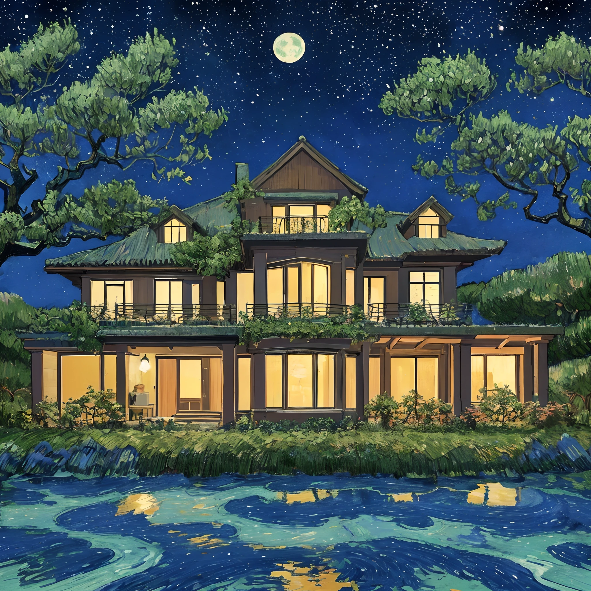 casa aconchegante realista na floresta, Sky with moon and stars in Van Gogh style.