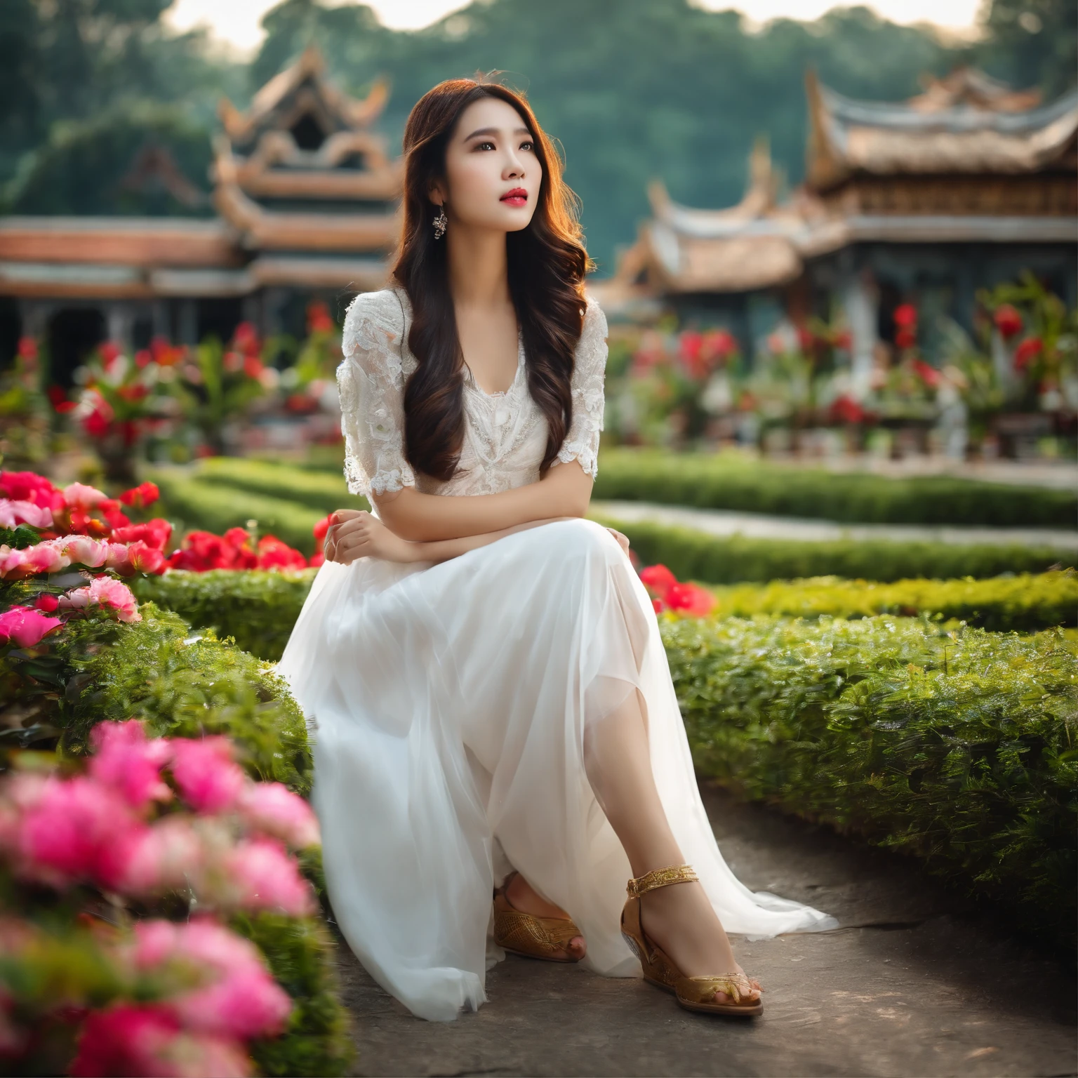 Zhao lusi, White dress, White skirt, long hair, tourist, Thailand garden, my,