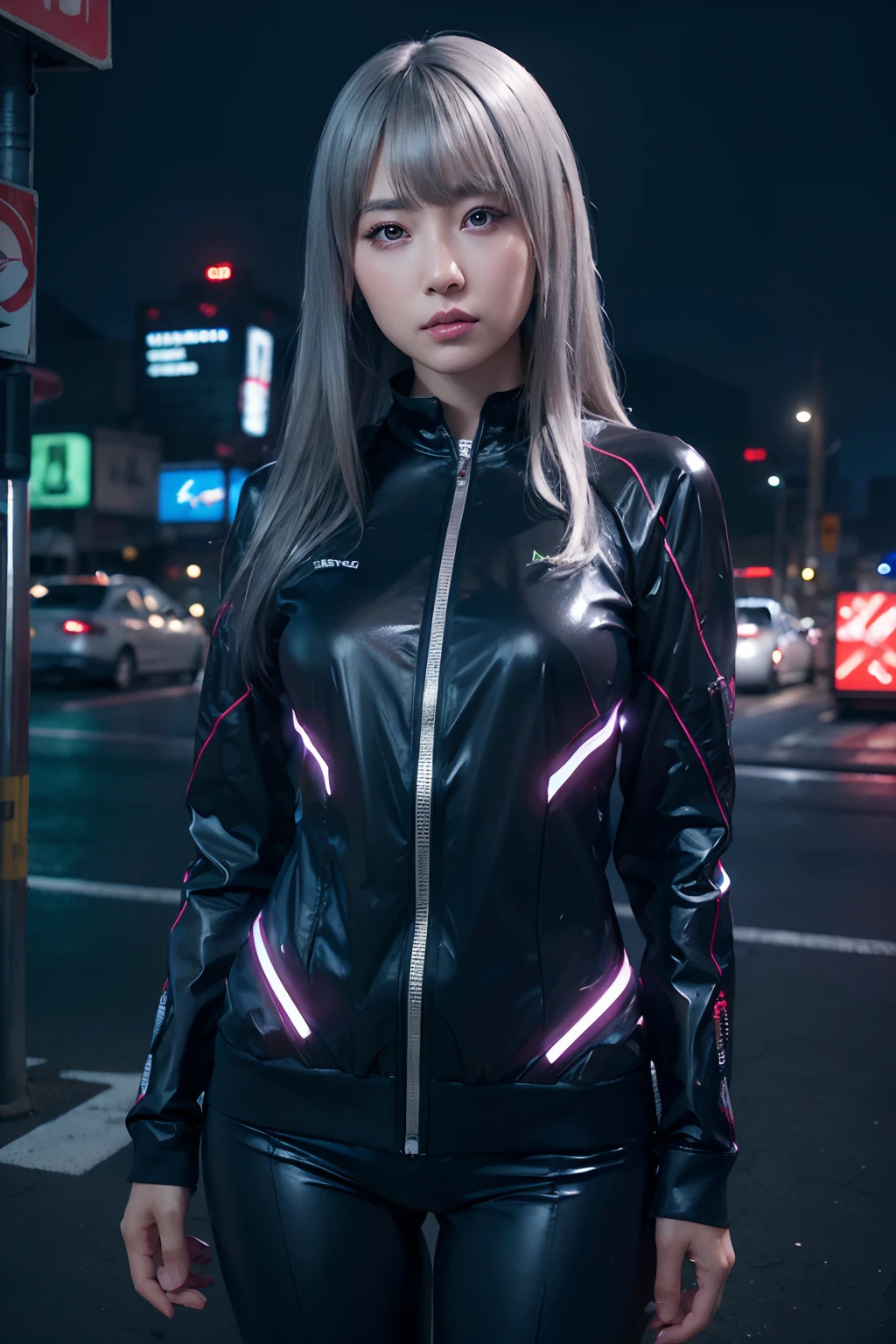 ((masutepiece)), ((Best Quality)), (Ultra-detailed), ((Extremely detailed)), 4K, (8K), Best Quality, (Beautiful), Gradation, One Woman,robot suit,Neon suit,Cute face,Big eyes,Cool Face,bobhair,Beautiful silver hair,Looking at Viewer,plein air,Night,Ruins,Neon Town,Neon light,masutepiece, extremely fine and beautiful,Photorealistic,Japanese,fullllbody