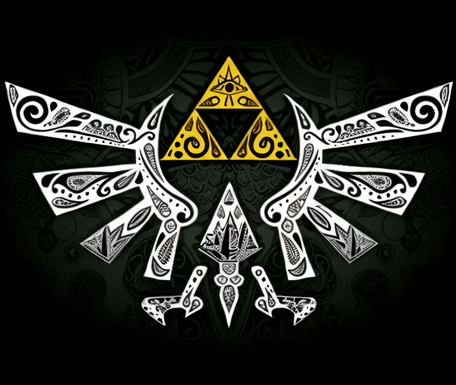 A lenda do logotipo de Zeldan em um fundo preto, Triforce, de Lenda de Zelda, Arte estilo Zelda, Zelda com Triforce, Hyrule, Lenda de Zelda, ancient symbol behind it, A Lenda de Zelda, Zelda Twilight Princesa, espada mestra, Zelda, estilo de hydro74, Princess Twilight, Ocarina do Tempo, simbolismo ultra detalhado