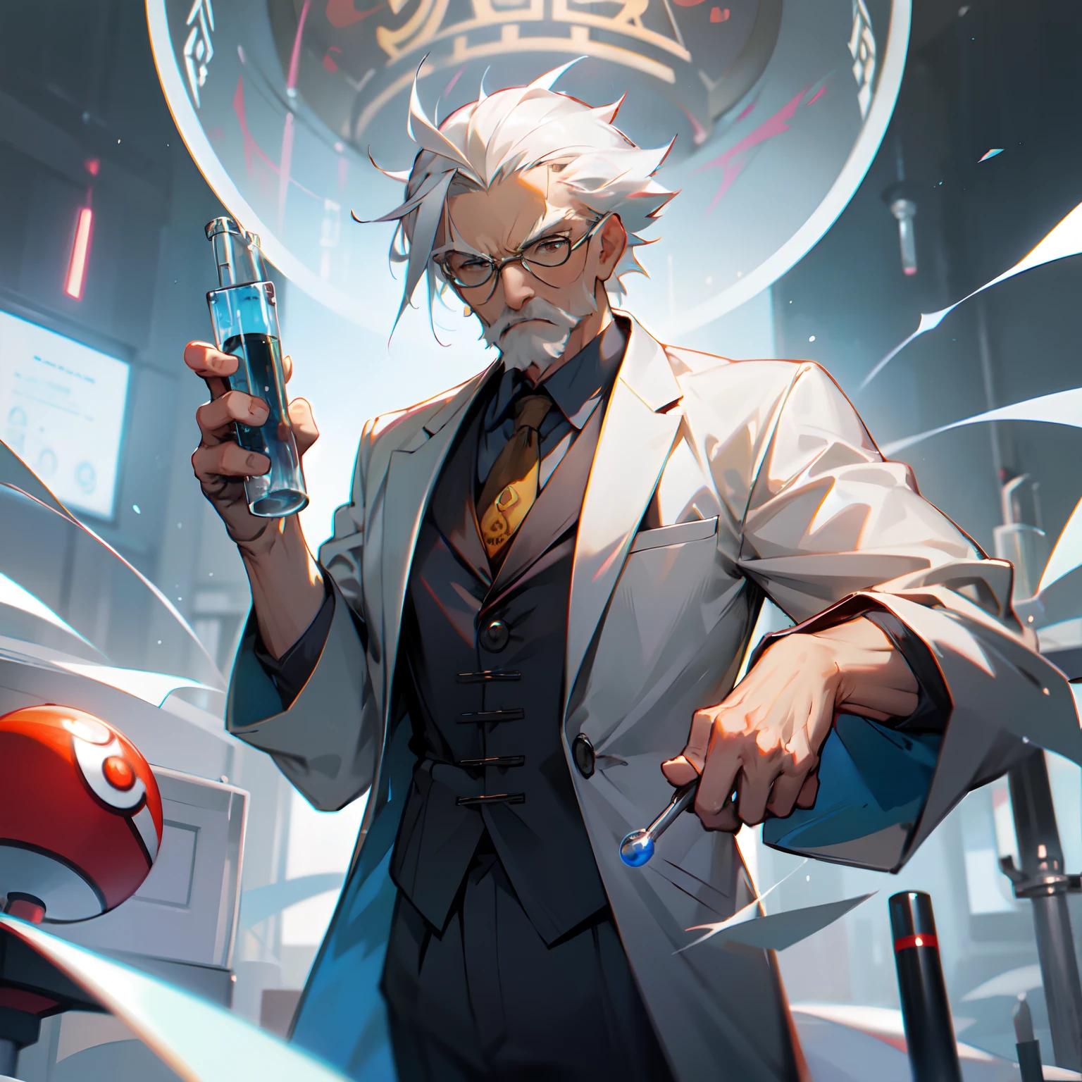 Majestic, serious, gentle old man, Zhongshan suit, white hair, shock, white shirt, test tube, pokeball, professor,After Professor Oak in Pokémon, Standing in the middle of the open field