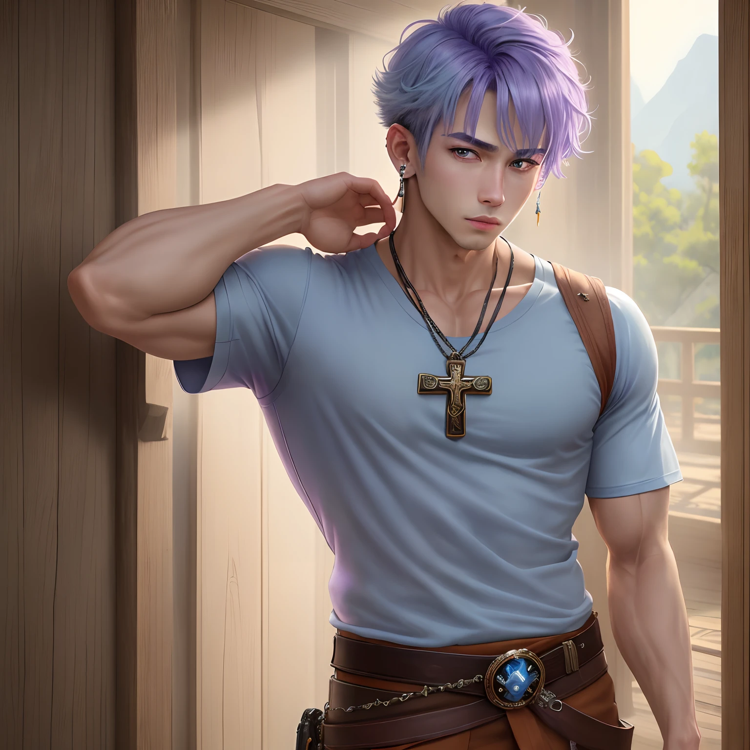 8k, masterpiece, best quality, realistic, higly detailed, cowboy shot, 1boy, solo, Mitsuya, young man, lavender eyes, short light blue hair, muscular body, black huggie earring in a cross design on his left ear, shirt, monk