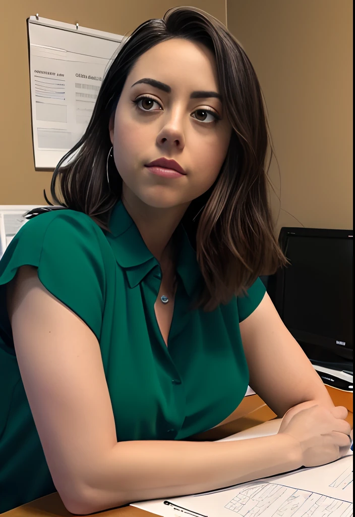 masterpiece, lifelike upper body image of AubreyPlaza, wearing a green blouse, photo realistic, highly detailed, arms folded, detailed face, resting bitch face, dramatic lighting, detailed eyes, sitting behind desk