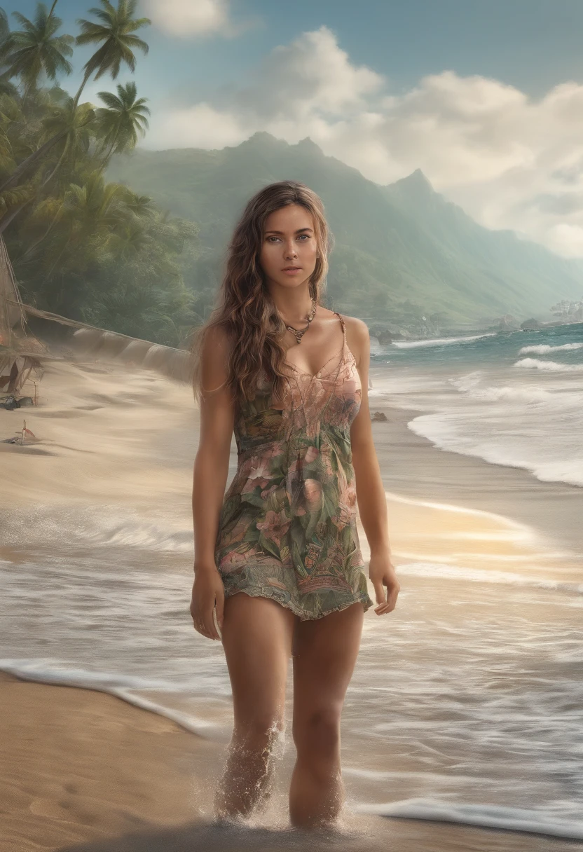 Help me draw a barefoot Hawaiian girl on the beach full body like 4K ultra-clear cinematic quality