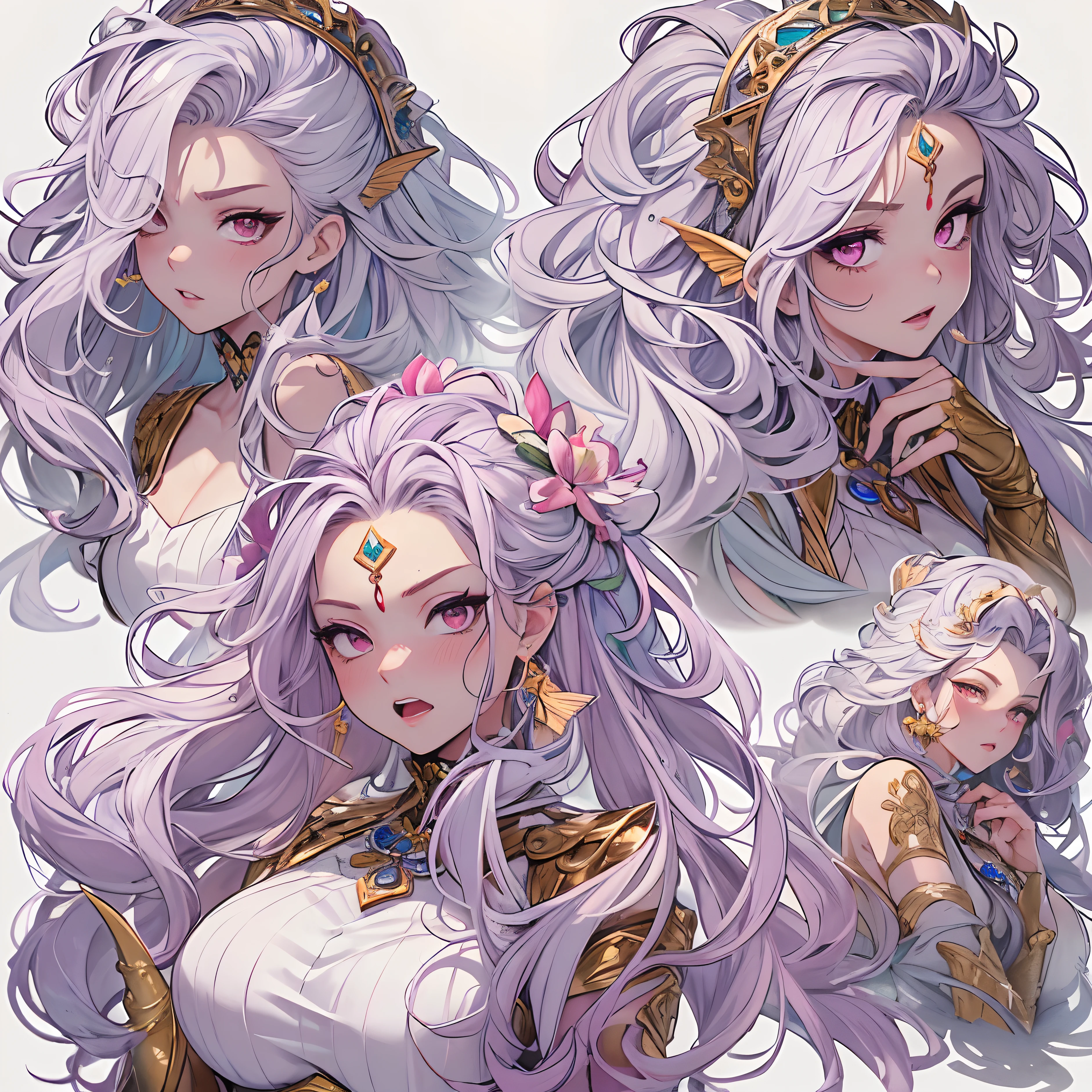 ((Masterpiece, Highest quality)), Detailed face, CharacterDesignSheet, full bodyesbian, Full of details, Multiple poses and expressions, Highly detailed, Depth, Many parts,Beautiful mermaid girl,Human fishtail,estilo fantasia,Extremely beautiful,High Balance, Natural light, Water ripples around, white hair, fish features, red eyes, gills, scales, sea shell hair ornament, red jewellery, angry expression, ((purple tinted skin)), blush, highlights, glossy lips