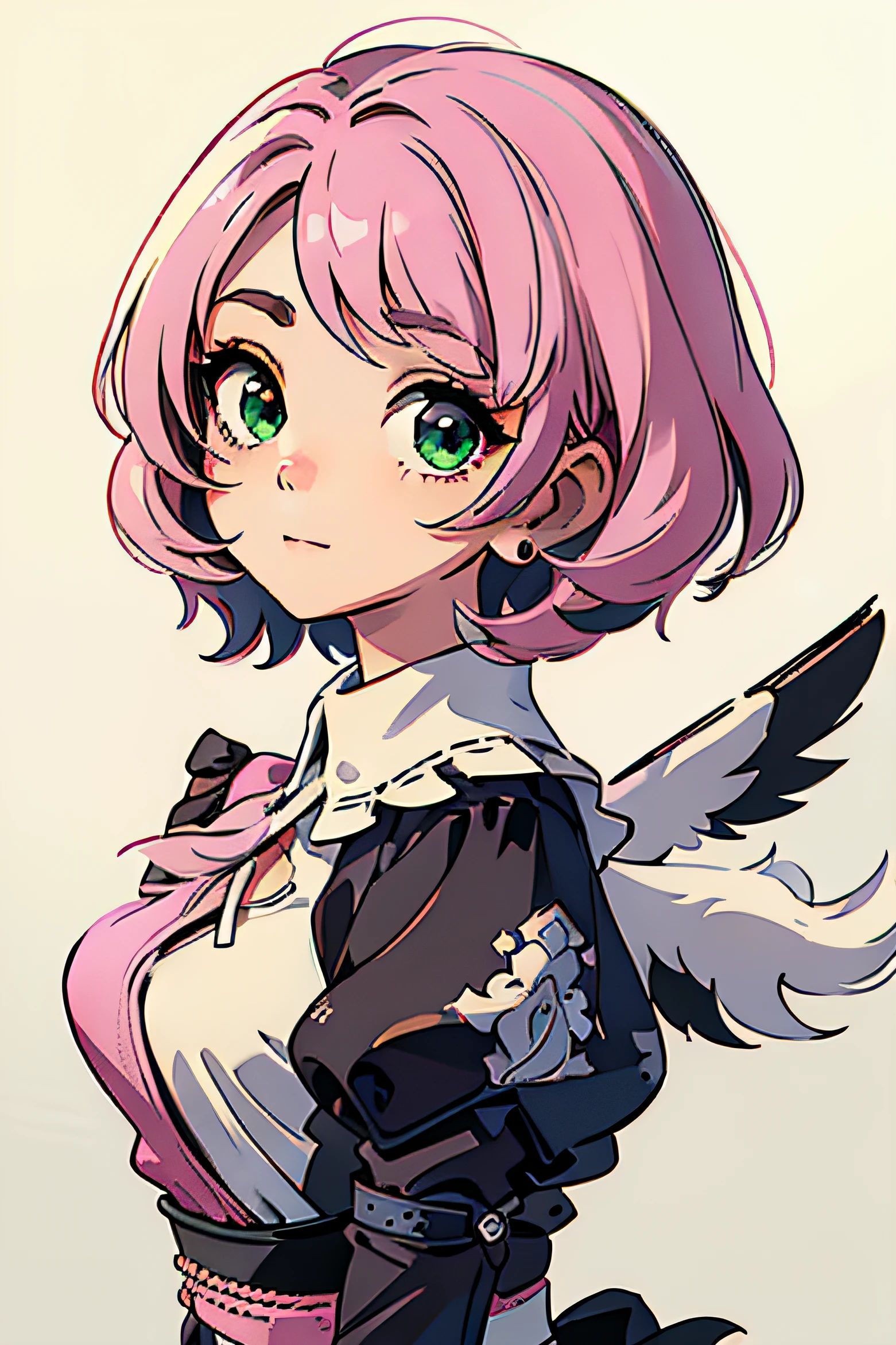 Alisa bosconovitch, melhor qualidade, contemporary, estilo plano, minimalismo, Green Eyes Flat Illustration, cabelo Rosa, cabelo curto, cabelos multicoloridos, camisa preta, mechanical wings, Head Portrait Close-U, peito pontudo, decote, super decote, middlebreasts, tekken,hand-painted,Desenho de linha sem cor, tekken Alisa bosconovitch