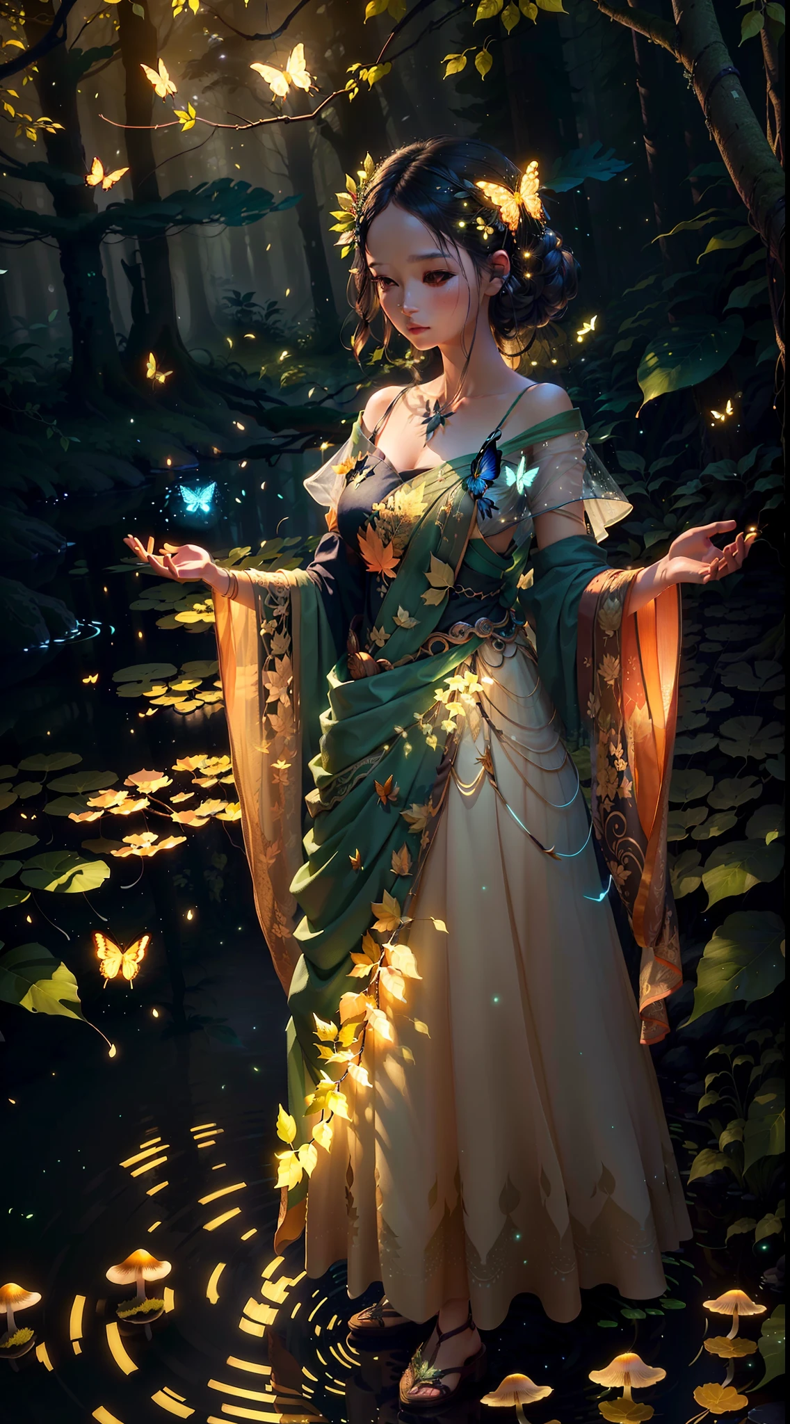 Masterpiece, best quality, extremely beautiful reflection, best reflection. (Very detailed CG unity 8k wallpaper), (best quality), (best illustration), (best shadow), forest theme with natural elements. Tall trees, quiet stream, glowing little mushrooms, surrounded by delicate leaves and branches, as well as fireflies and glowing particle effects, maide, standing, water, (natural elements), (jungle theme), (leaves), (branches), (fireflies), butterflies, (delicate leaves), (glow), (particle effects). , isometric 3D, Octane rendering, ray tracing, super detailed,