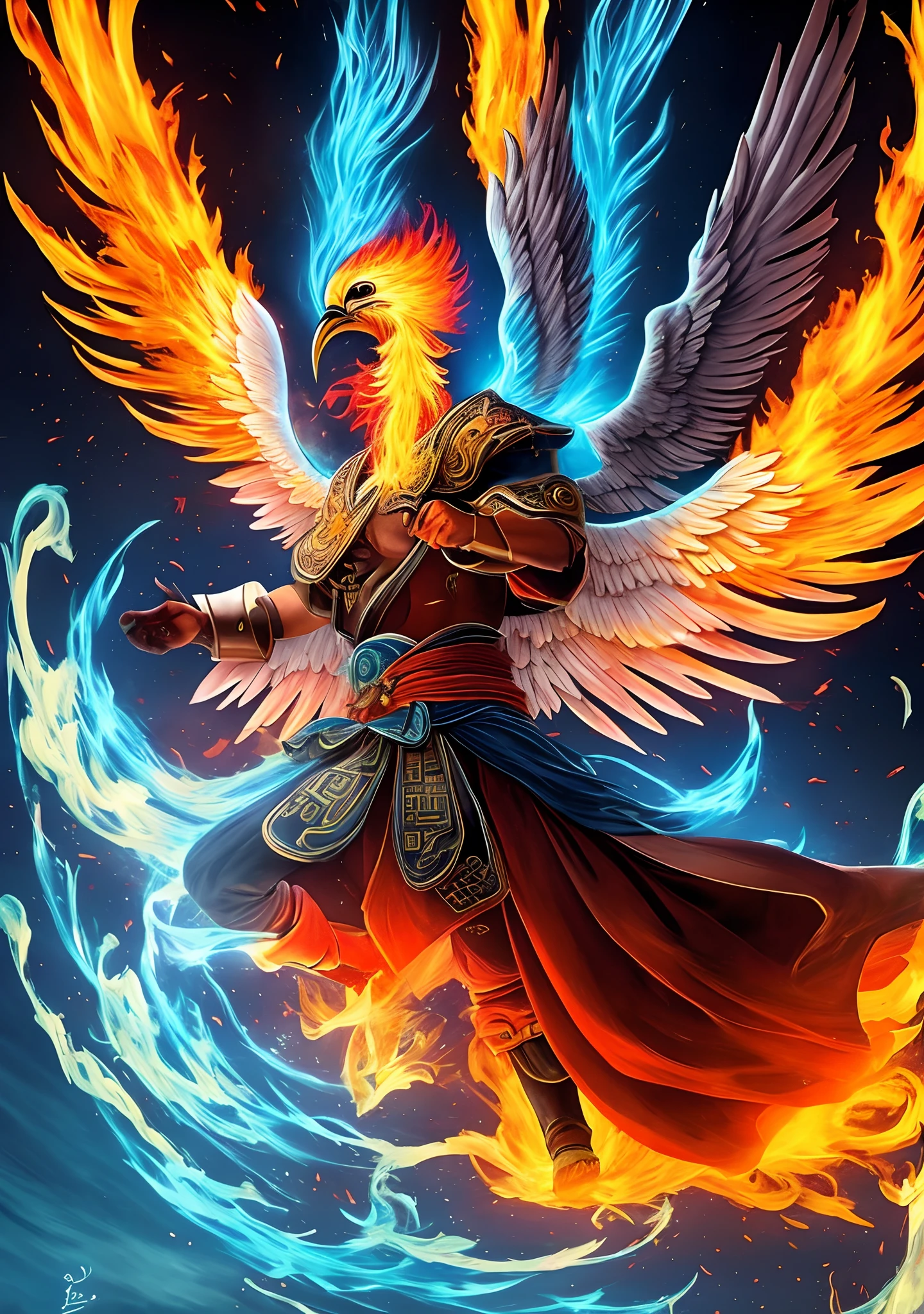 Ikki de fenix surgindo do fogo dando um soco, with a great phoenix from Chinese mythology
