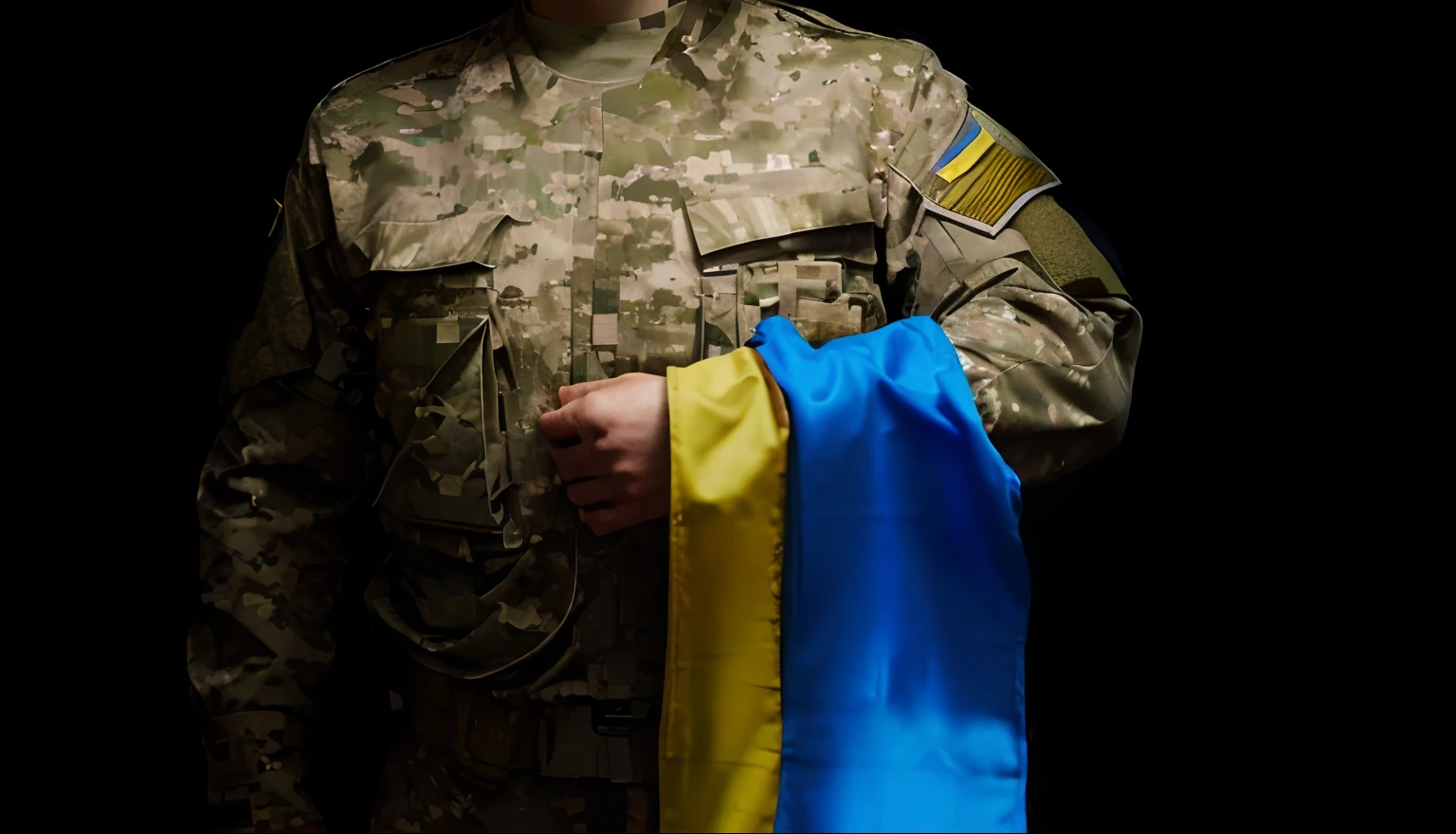 Soldier in tactical uniform with Ukrainian flag , Photorealistic