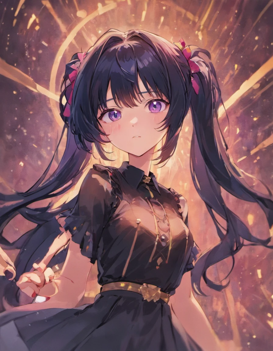 Femboy, 1.60, big black hair with pigtails, fair skin and thin body, 16 years old, violet eyes and wears black feminine clothes