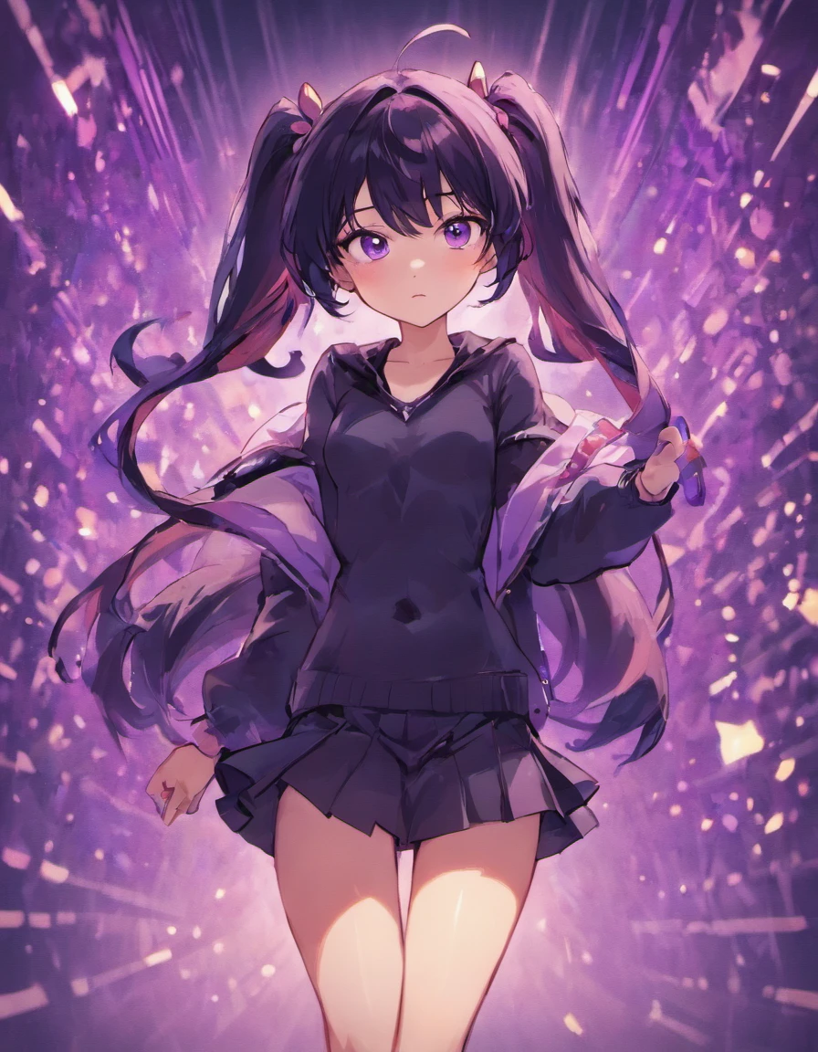 Femboy, 1.60, big black hair with pigtails, fair skin and thin body, 16 years old, violet eyes and wears black feminine clothes