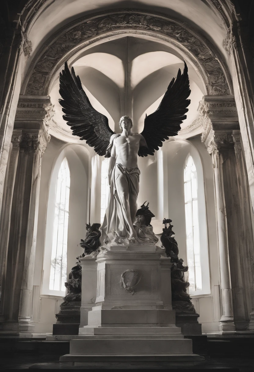Off-white marble statue of Lucifer, ((archangel)), in an open field, dim lighting, dramatic scenery. Atmosfera escura, alto contraste de luz e sombra, fotografia profissional, utrarealista, Light Volumetric, cinemactic