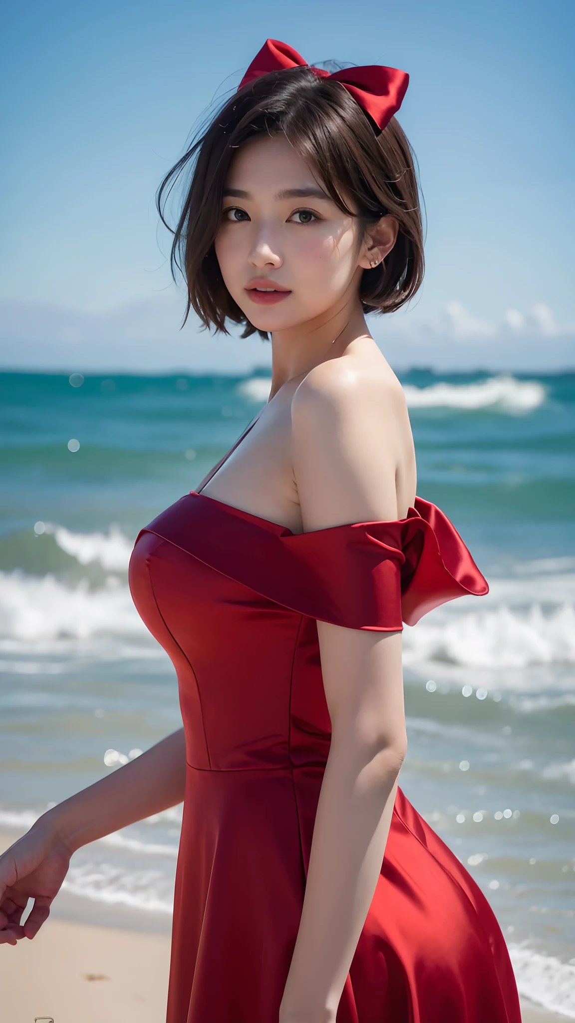 ((Highest quality, 8K, masterpiece :1.3)), (Sharp focus :1.2, Beautiful woman with perfect figure :1.4, Slim Abs :1.2), ((Big Breasts, Emphasize cleavage:1.3)), (Photorealistic:1.4), (realistic:1.4), (Short Bob Hair, Light brown hair:1.5), Highly detailed face and skin texture, Fine grain, double eyelid. Makeup face, A little bit of lipstick, sex appeal, Sexy gravure pose, ((Beautiful woman in a red off-the-shoulder dress、Walking on the beach at night, showing off your bust。:1.3)
