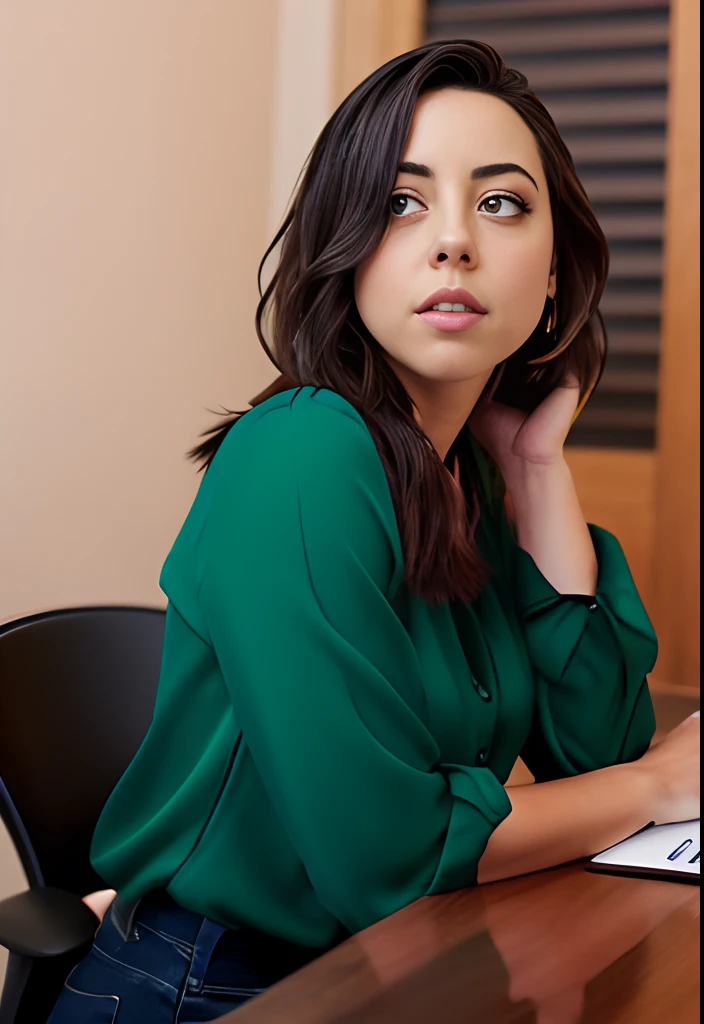 masterpiece, lifelike upper body image of AubreyPlaza, wearing a green blouse, photo realistic, highly detailed, detailed face, resting bitch face, dramatic lighting, detailed eyes, sitting behind desk asleep