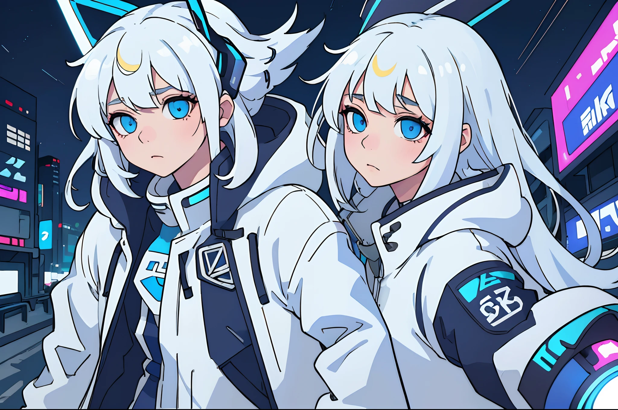 1girl,mecha girl ,Albino, cute, white hair, blonde hair, beautiful, long hair, blue eyes, wearing a parka jacket, cyberpunk jacket, hair with a ribbon,night light ((8k, UHD, ultra realistic))