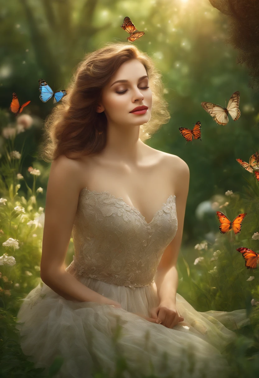 A girl in a garden,illustrated,oil painting,(best quality,4k,8k,highres,masterpiece:1.2),ultra-detailed,(realistic,photorealistic,photo-realistic:1.37),vibrant colors,beautiful detailed eyes,beautiful detailed lips,long eyelashes,flowing dress,peaceful expression,fragrant flowers,butterflies dancing in the air,soft sunlight filtering through the trees,sun-dappled grass,serene atmosphere