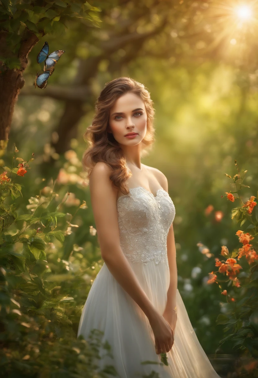 A girl in a garden,illustrated,oil painting,(best quality,4k,8k,highres,masterpiece:1.2),ultra-detailed,(realistic,photorealistic,photo-realistic:1.37),vibrant colors,beautiful detailed eyes,beautiful detailed lips,long eyelashes,flowing dress,peaceful expression,fragrant flowers,butterflies dancing in the air,soft sunlight filtering through the trees,sun-dappled grass,serene atmosphere