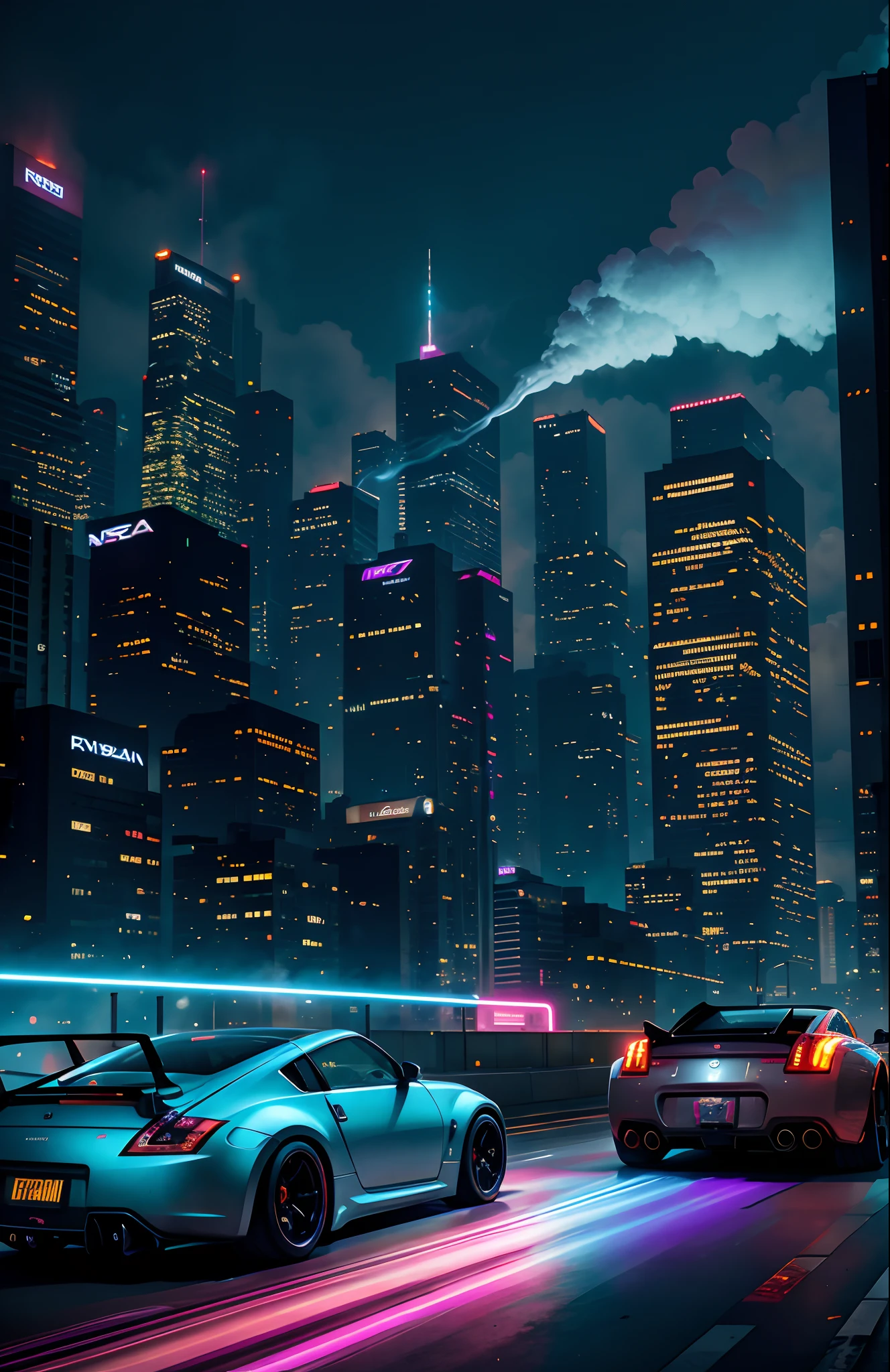 cyberpunk hypercars, soft colors, swirling color smoke, legend, cityscape, space, nissan 350z