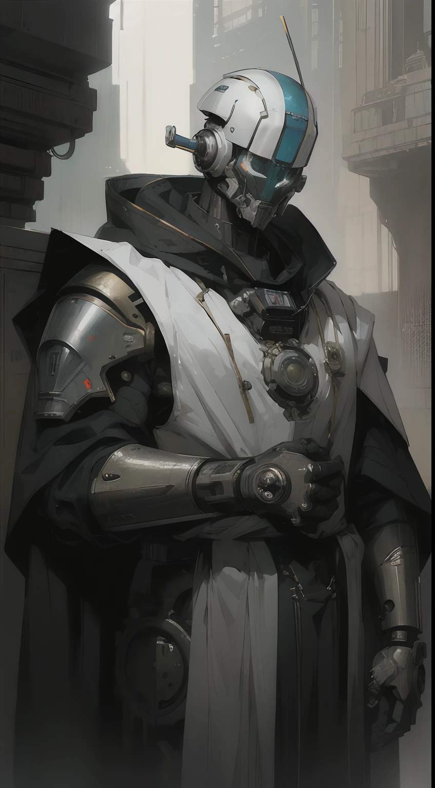 robot, cyborg,((The face is in style of an Exo from Destiny)),Shiny metal skin,Mechanical body parts,Mechanical gears and gears, (devoid of mouth), [Meticulous, Surgical precision],Church style background,Science fiction art style,Vibrant colors,High-res,Ultra-detailed,Realistic lighting effects,Bokeh, wearing white robes and cloak, divine pose, two bright eyes,