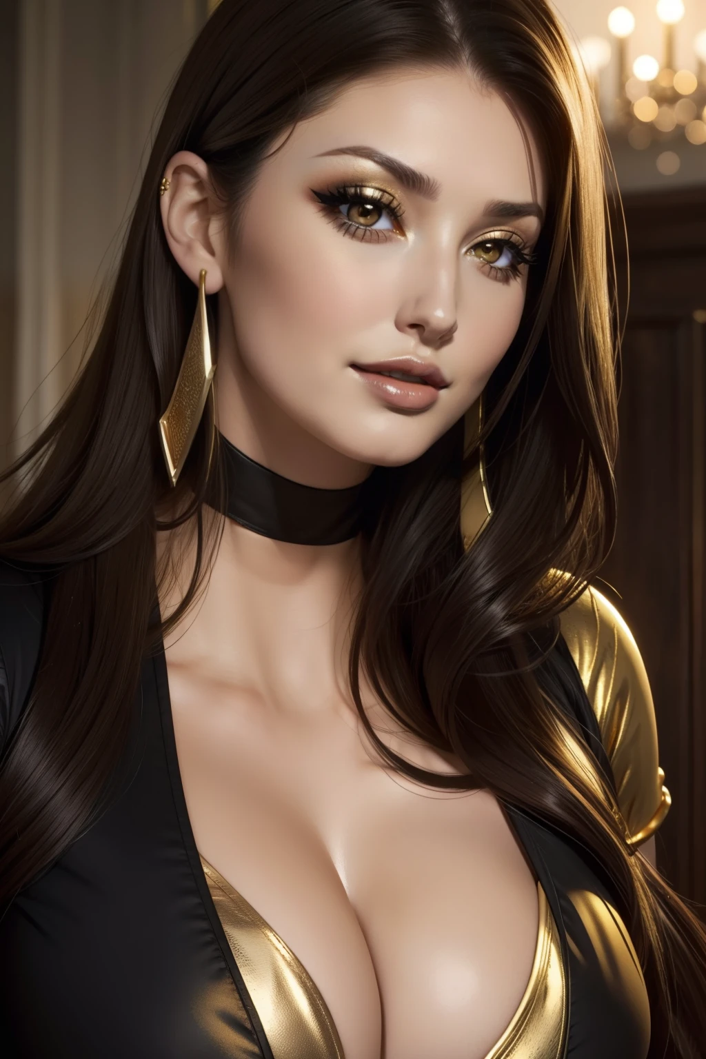 Lucy Pinder, Face portrait, Beautiful face, smiling, ((intense makeup)), ((Golden lipstick)) black hair, super cleavage, Sophie turner