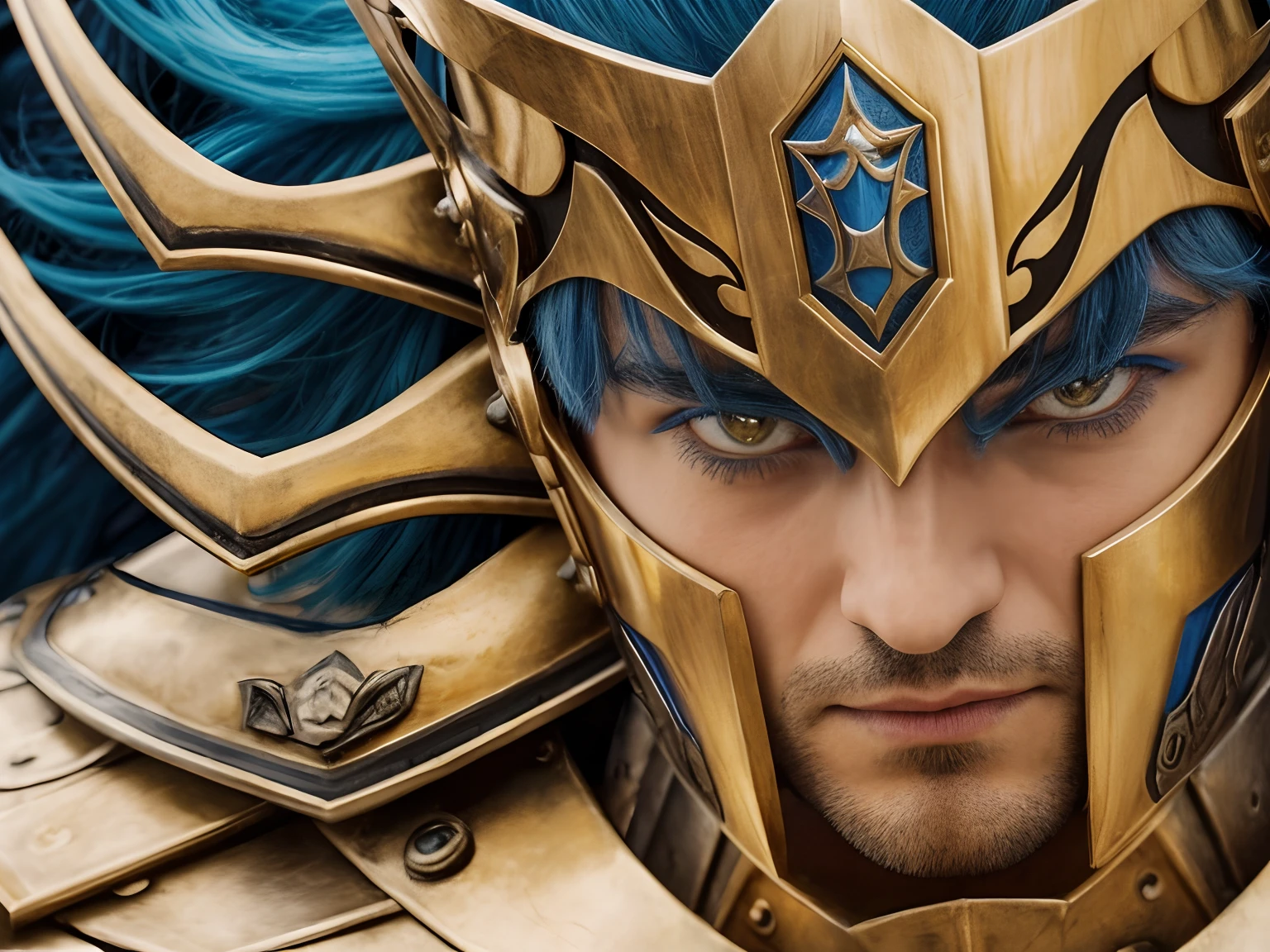 an evil looking knight man, close up. italian, male, 1boy, solo, serious, looking down, (blue hair), (realistic cruel eyes), ((Shaved)), in medieval armor, (golden armor), shoulder armor, near starry Skye background, (detailed armor, high quality), (ornate armor),