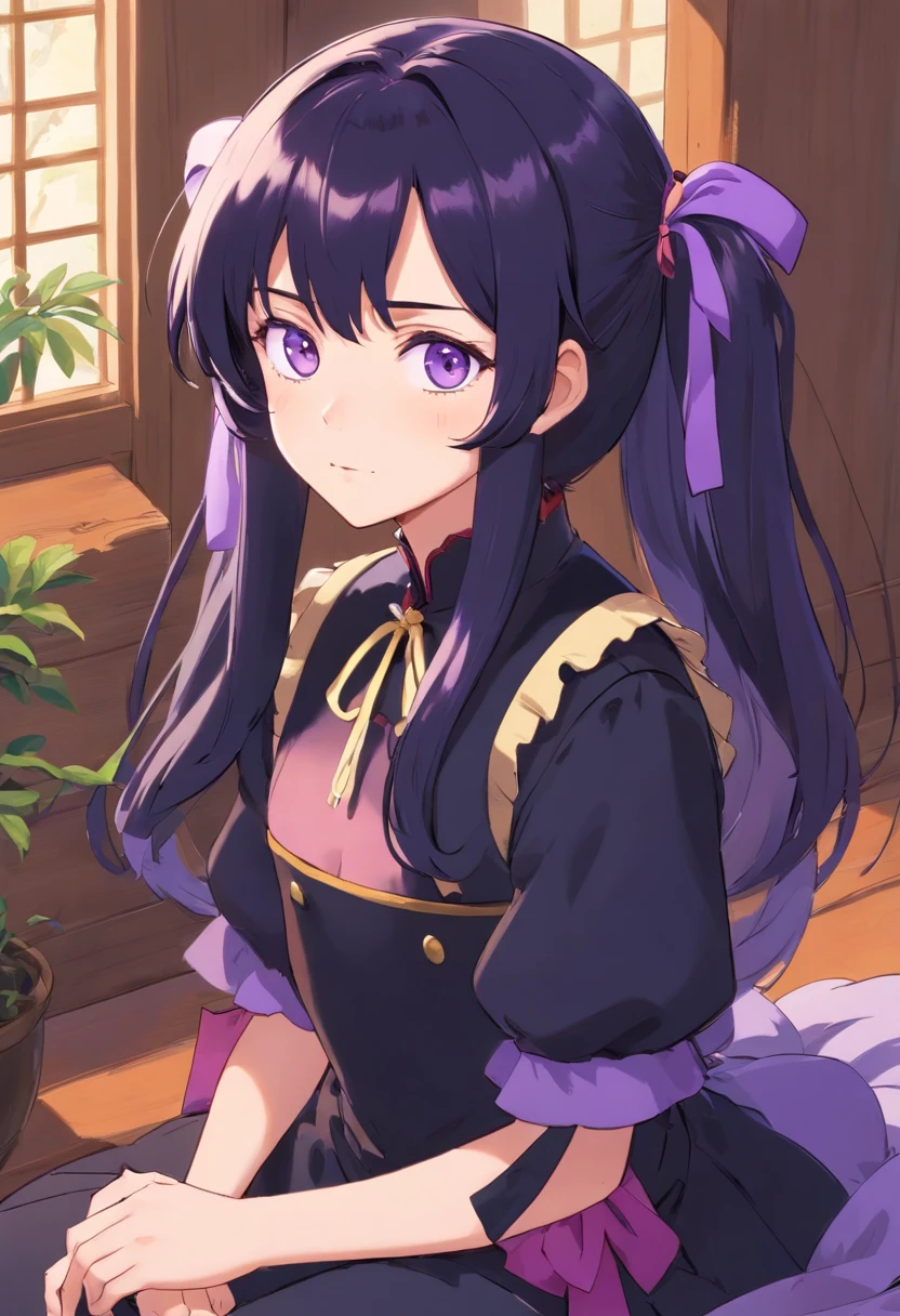 Femboy, 1.60, big black hair with pigtails, fair skin and thin body, , violet eyes and wears black feminine clothes